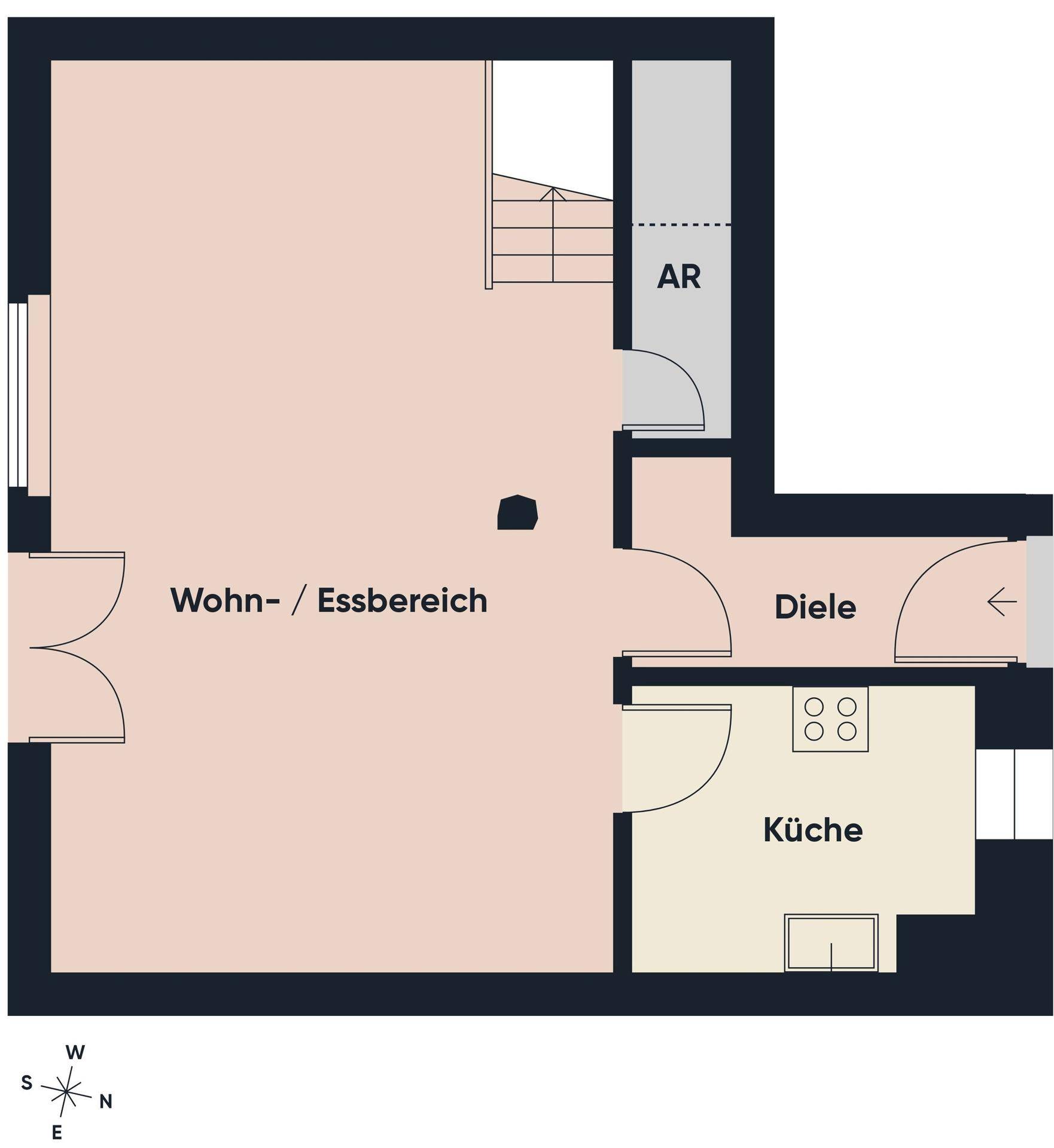 Grundriss des Erdgeschosses mit Wohn-/Essbereich, Küche und Diele.