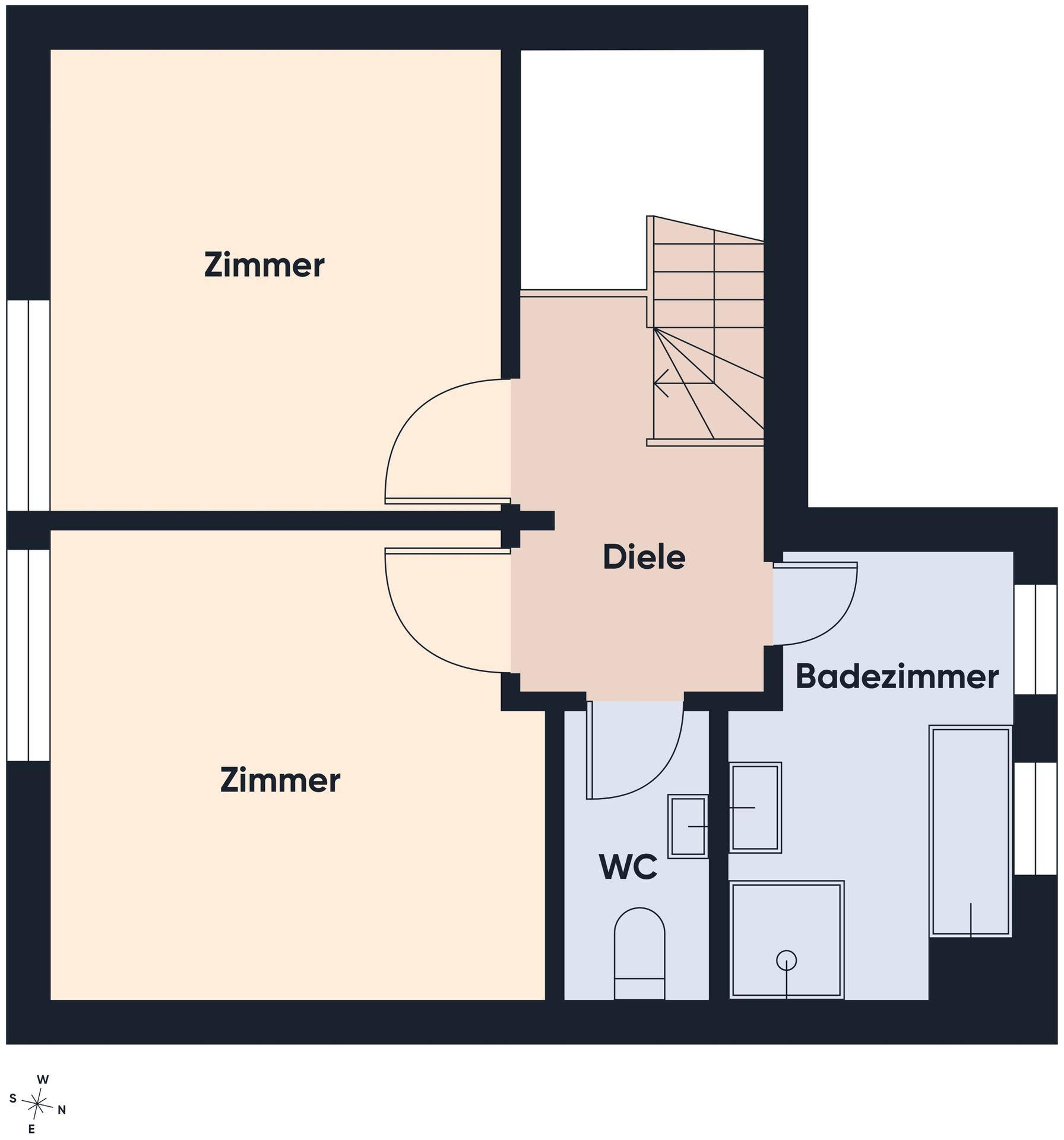 Grundriss des Obergeschosses mit zwei Zimmern, Badezimmer, WC und Diele.