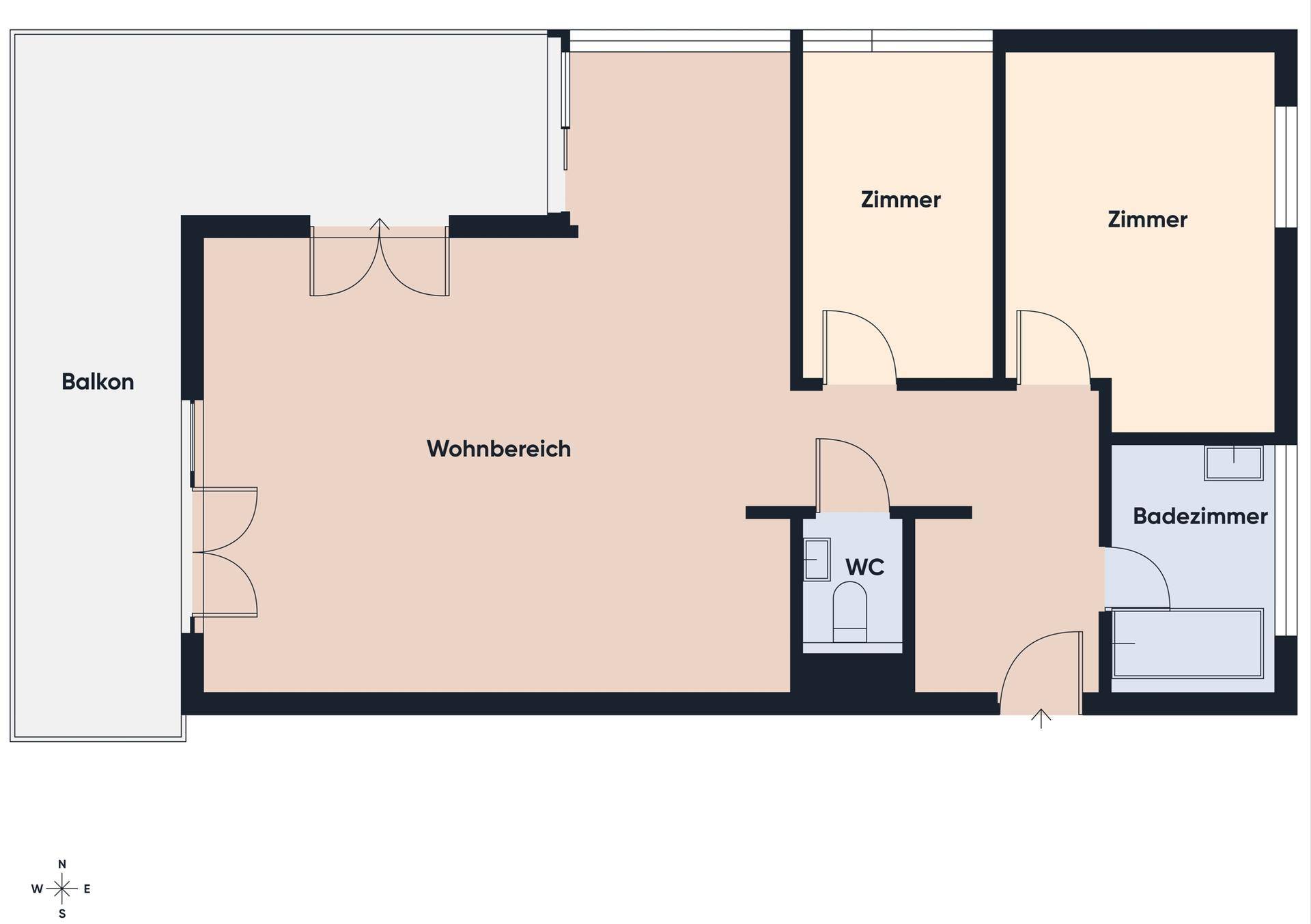Grundriss der Wohnung mit Wohnbereich, zwei Zimmern, Bad, WC und Balkon.