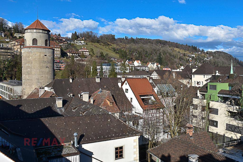 Panoramablick über eine historische Stadt mit Dächern, einem Turm und grünen Hügeln im Hintergrund.