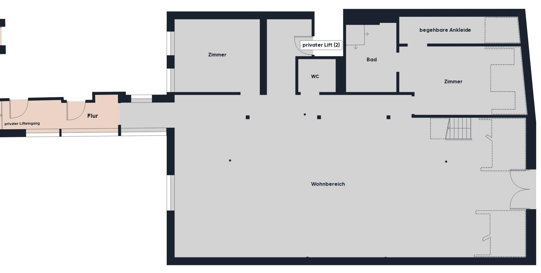 Grundriss des Hauptgeschosses mit Wohnbereich, Schlafzimmern, Bad, WC und privatem Liftzugang.