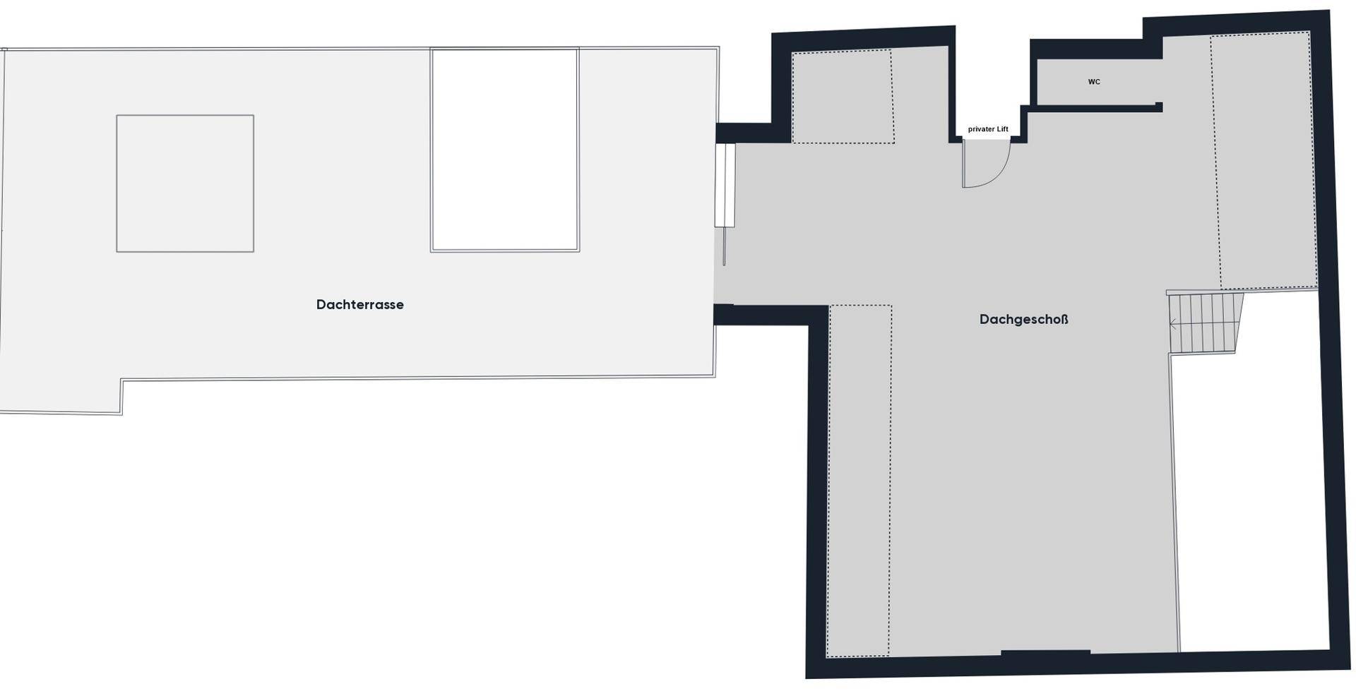 Grundriss des Dachgeschosses mit einer großen Dachterrasse, WC und privatem Liftzugang.