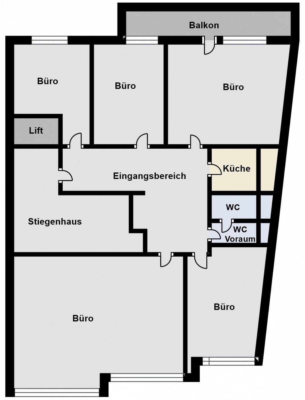 Grundrissplan einer Büroetage mit mehreren Büros, Eingangsbereich, Küche und Toiletten.
