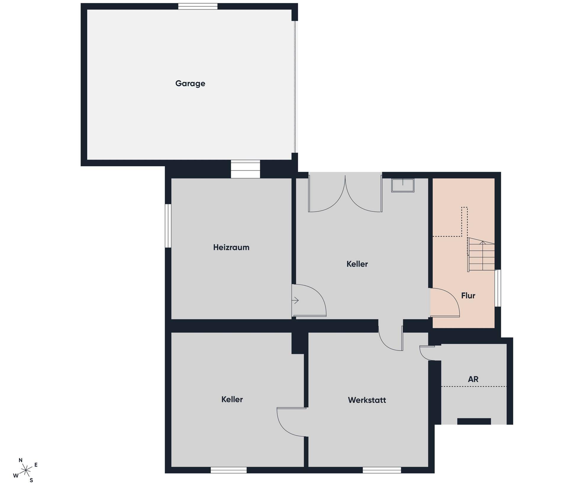 Grundriss des Kellergeschosses mit Garage, Heizraum, Kellerräumen und Werkstatt.