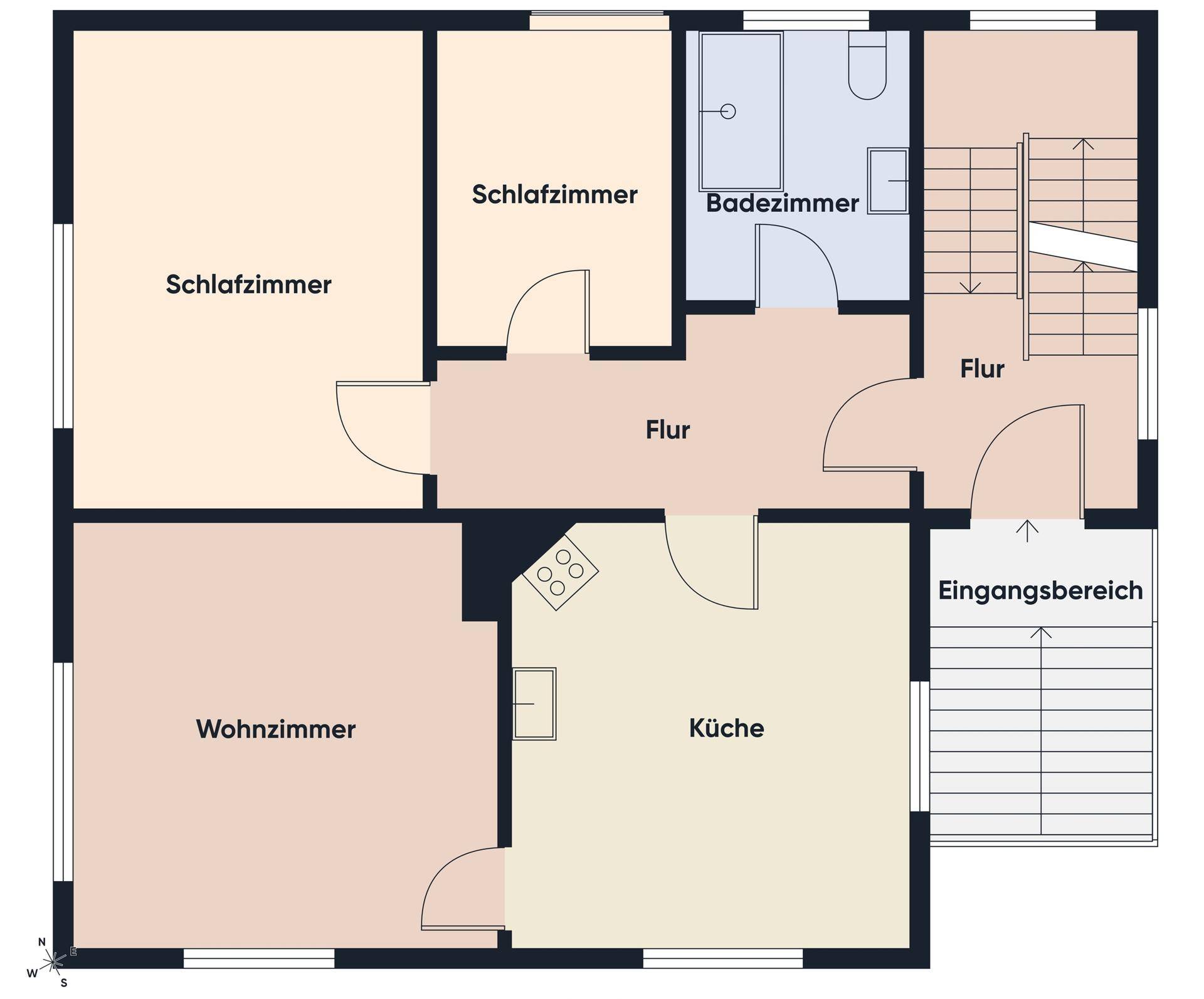 Grundriss des Erdgeschosses mit Wohnzimmer, Küche, Schlafzimmer, Badezimmer und Eingangsbereich.