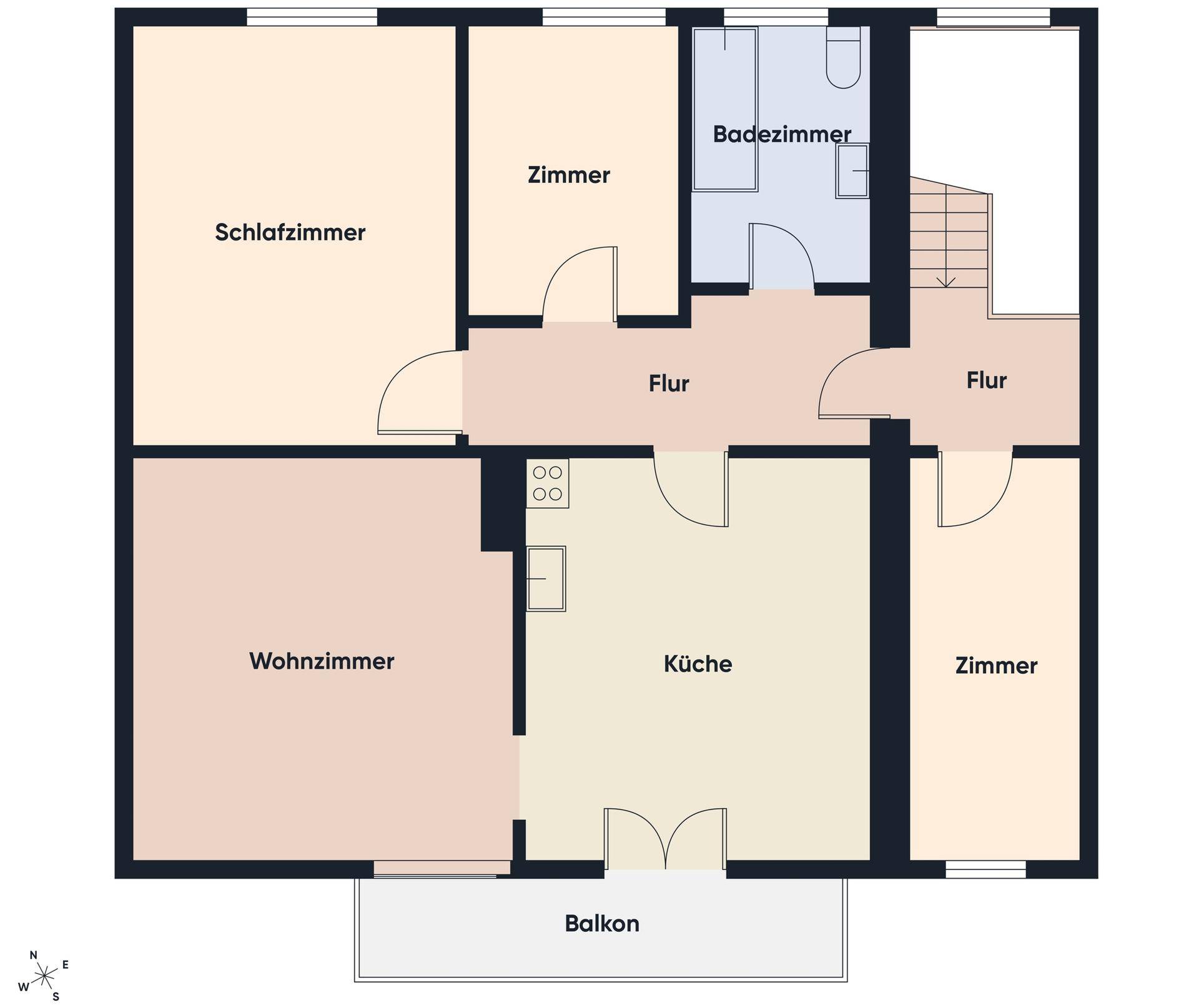 Grundriss des Obergeschosses mit Wohnzimmer, Küche, Schlafzimmern, Badezimmer und Balkon.