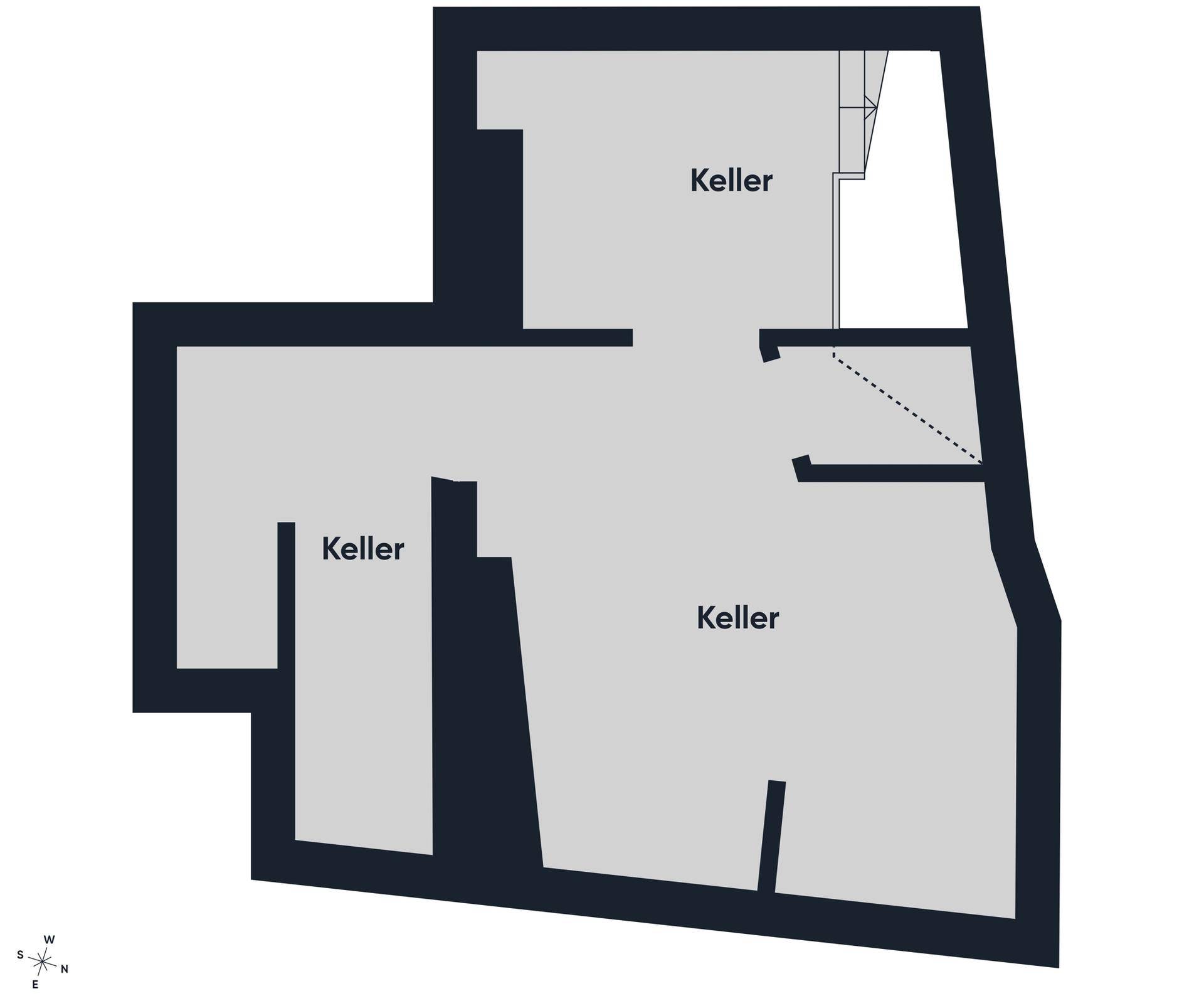 Grundrissplan des Kellergeschosses mit mehreren Kellerräumen und Treppenaufgang.