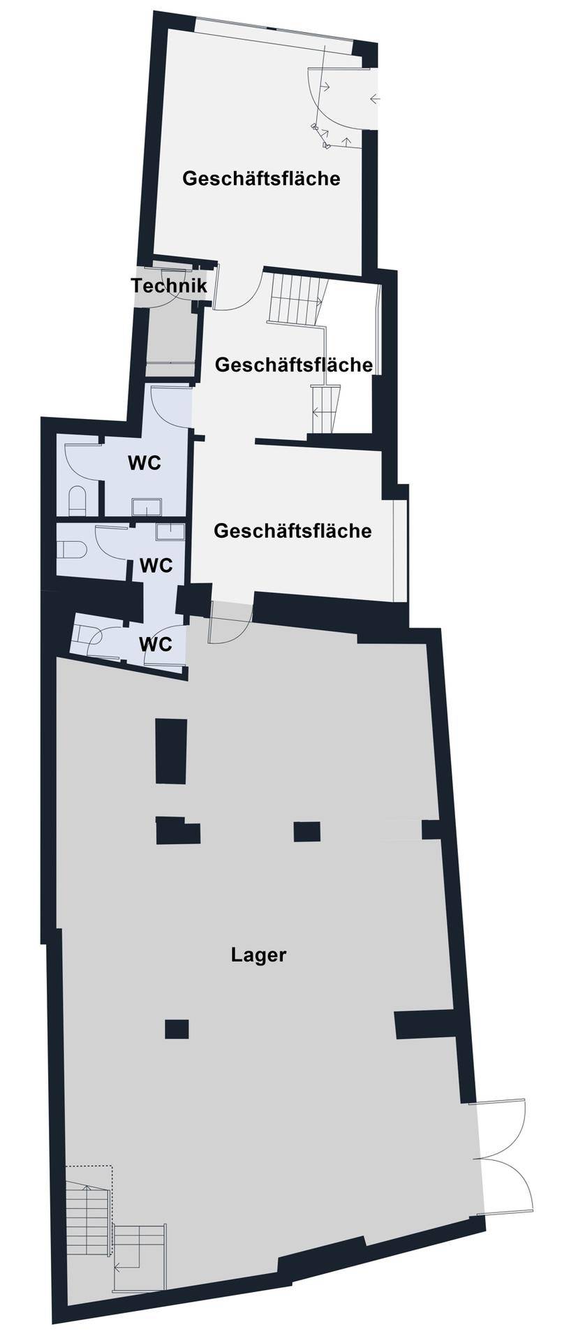 Grundrissplan mit Geschäftsflächen, Lager und mehreren Toilettenbereichen auf einer Etage.