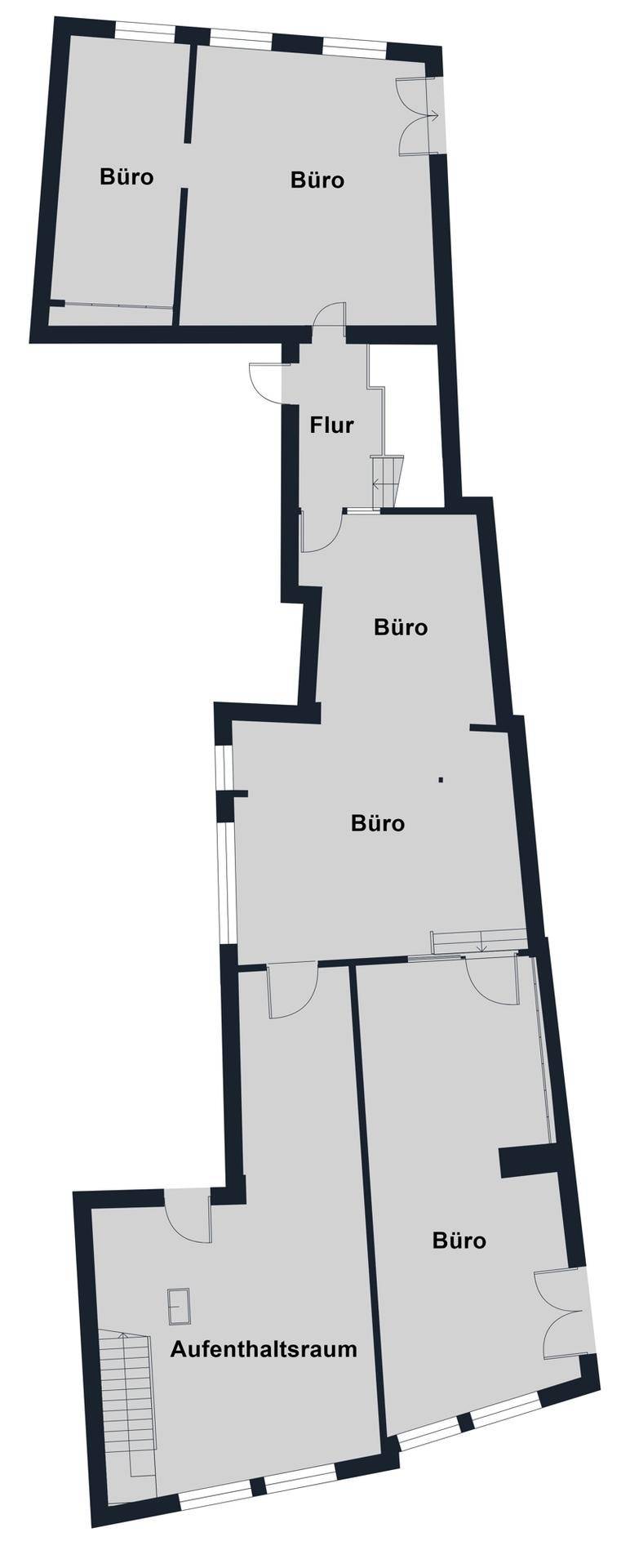 Grundrissplan mit mehreren Büroräumen, einem Flur und einem Aufenthaltsraum.