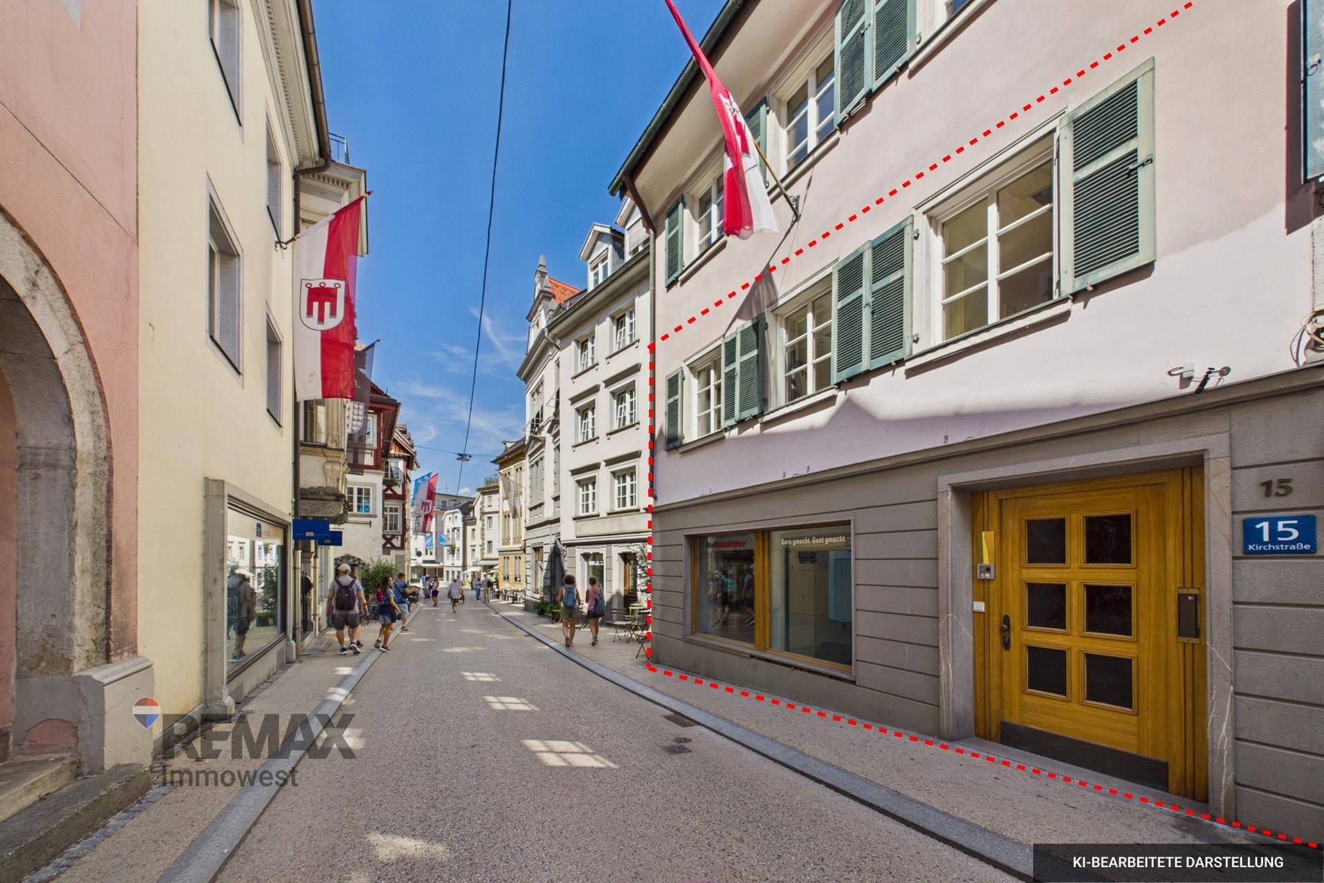 Historische Gasse mit Gebäuden, Geschäften und einer gelben Eingangstür, markiert mit roten Linien.