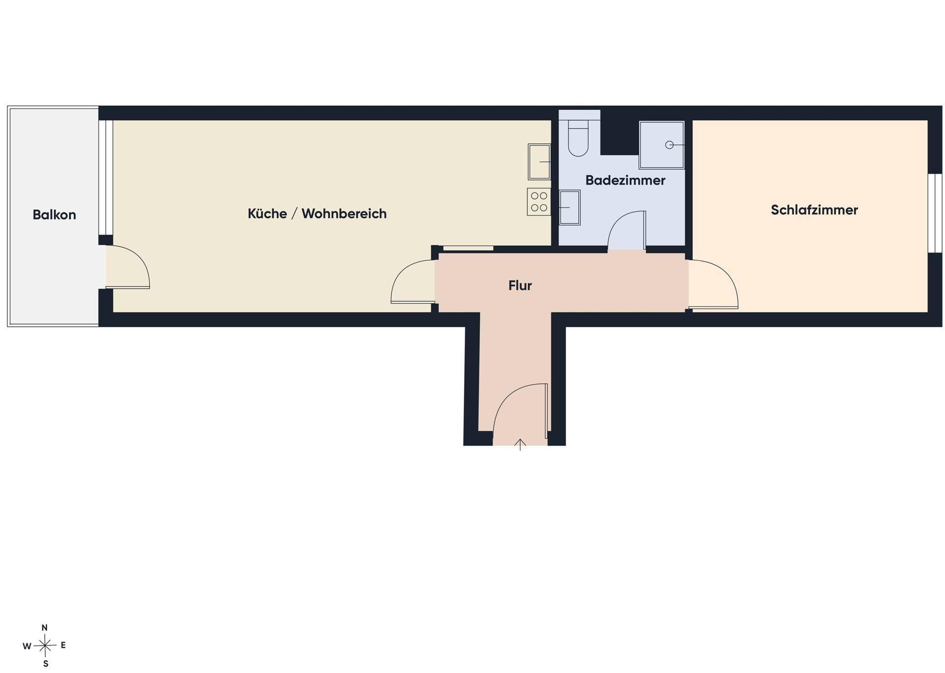Grundriss der Wohnung mit Balkon, Küche/Wohnbereich, Bad und Schlafzimmer.