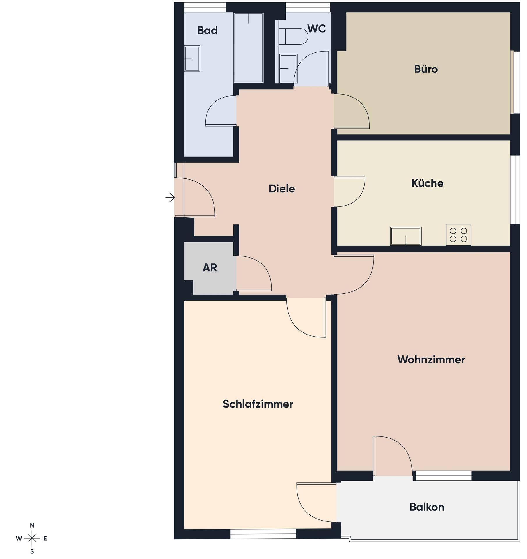 Grundriss der Wohnung mit Wohnzimmer, Schlafzimmer, Küche und Balkon.
