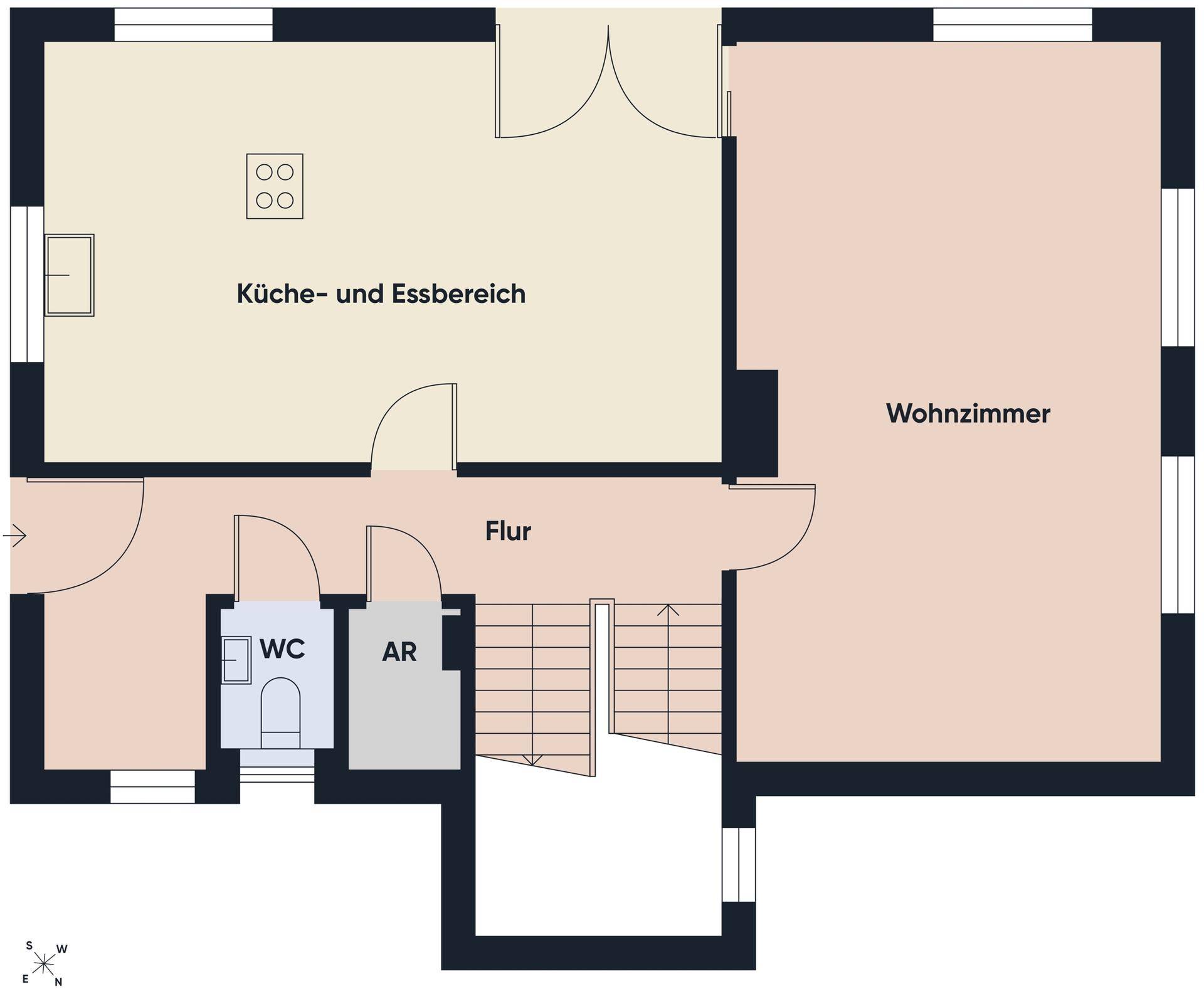 Grundriss des Erdgeschosses mit Küche, Essbereich, Wohnzimmer und Gäste-WC.