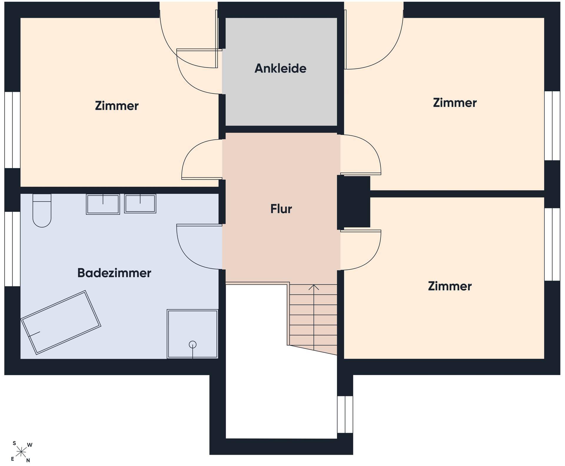 Grundriss des Obergeschosses mit drei Zimmern, Ankleide und Badezimmer.