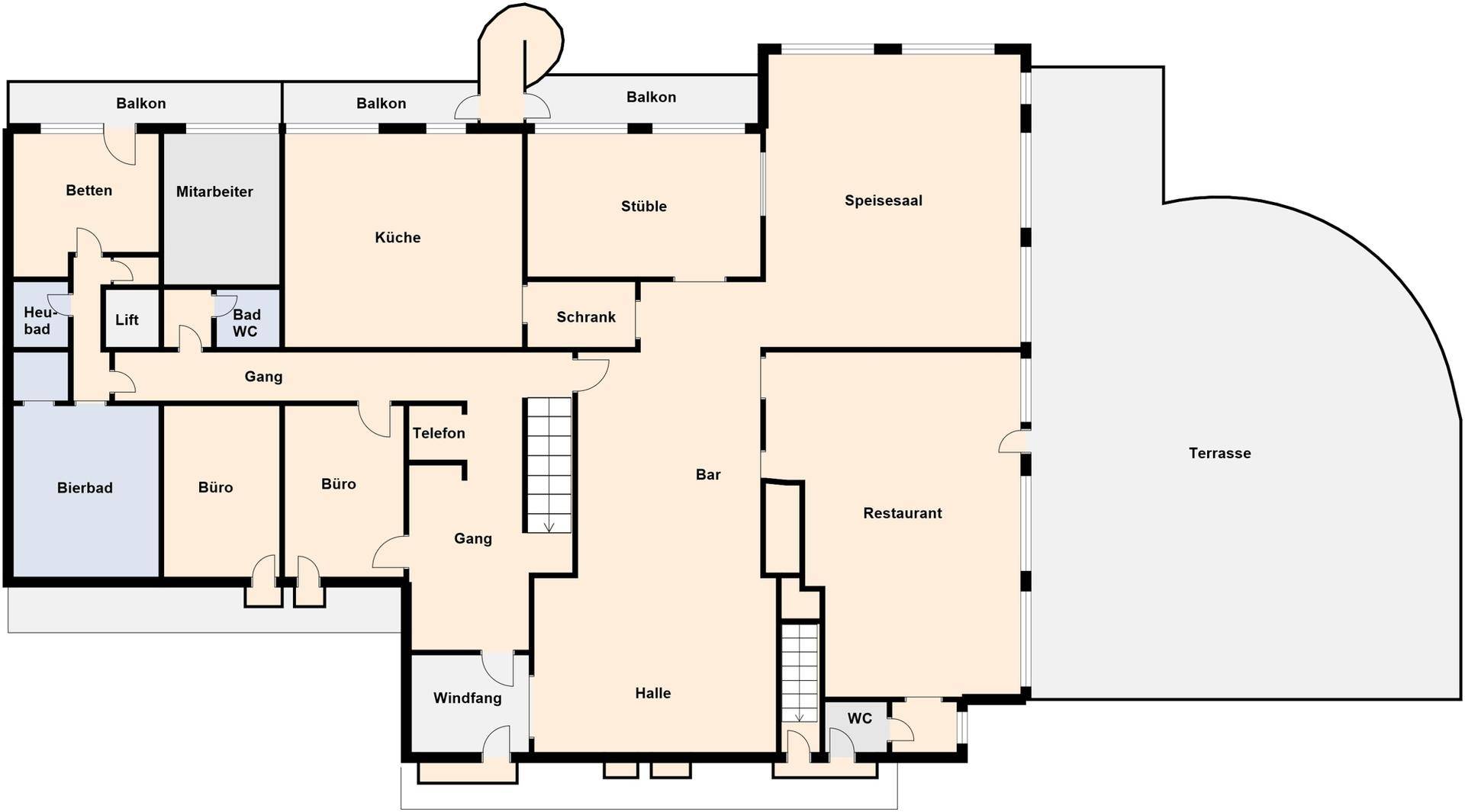 Grundriss des Erdgeschosses mit Restaurant, Bar, Küche und großer Terrasse.