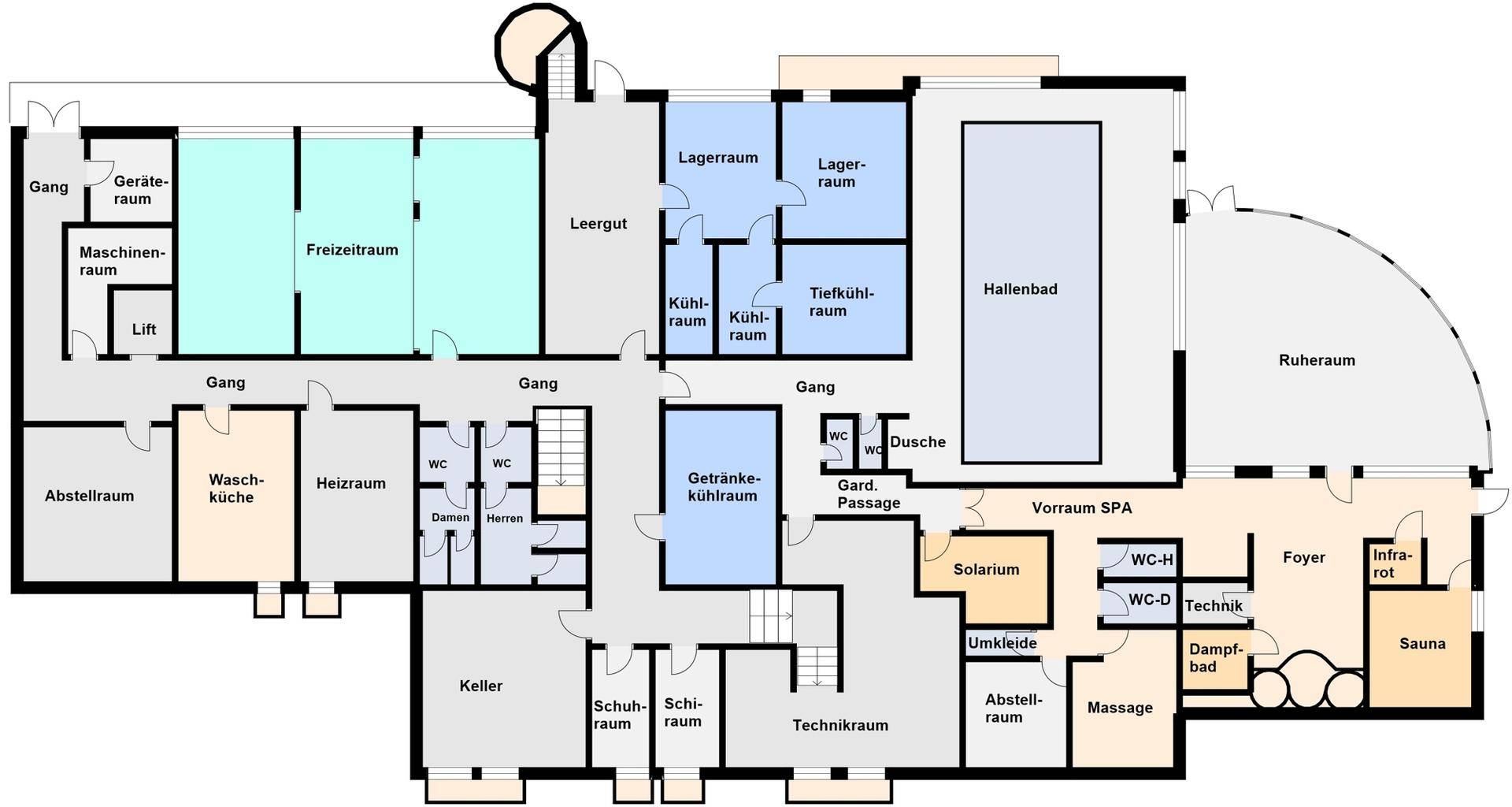 Grundriss des Untergeschosses mit Freizeitraum, Hallenbad, Technikräumen und Spa-Bereich.