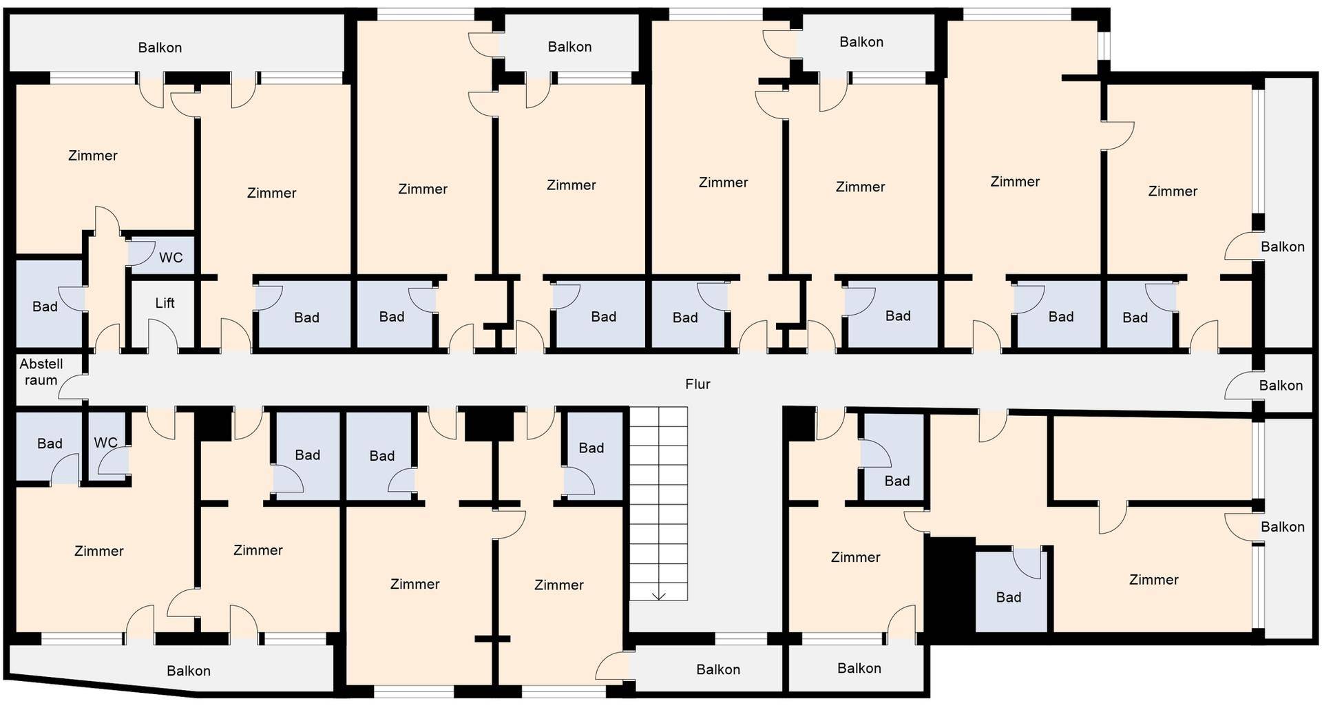 Grundriss des zweiten Obergeschosses mit zahlreichen Zimmern, Bädern und Balkonen.