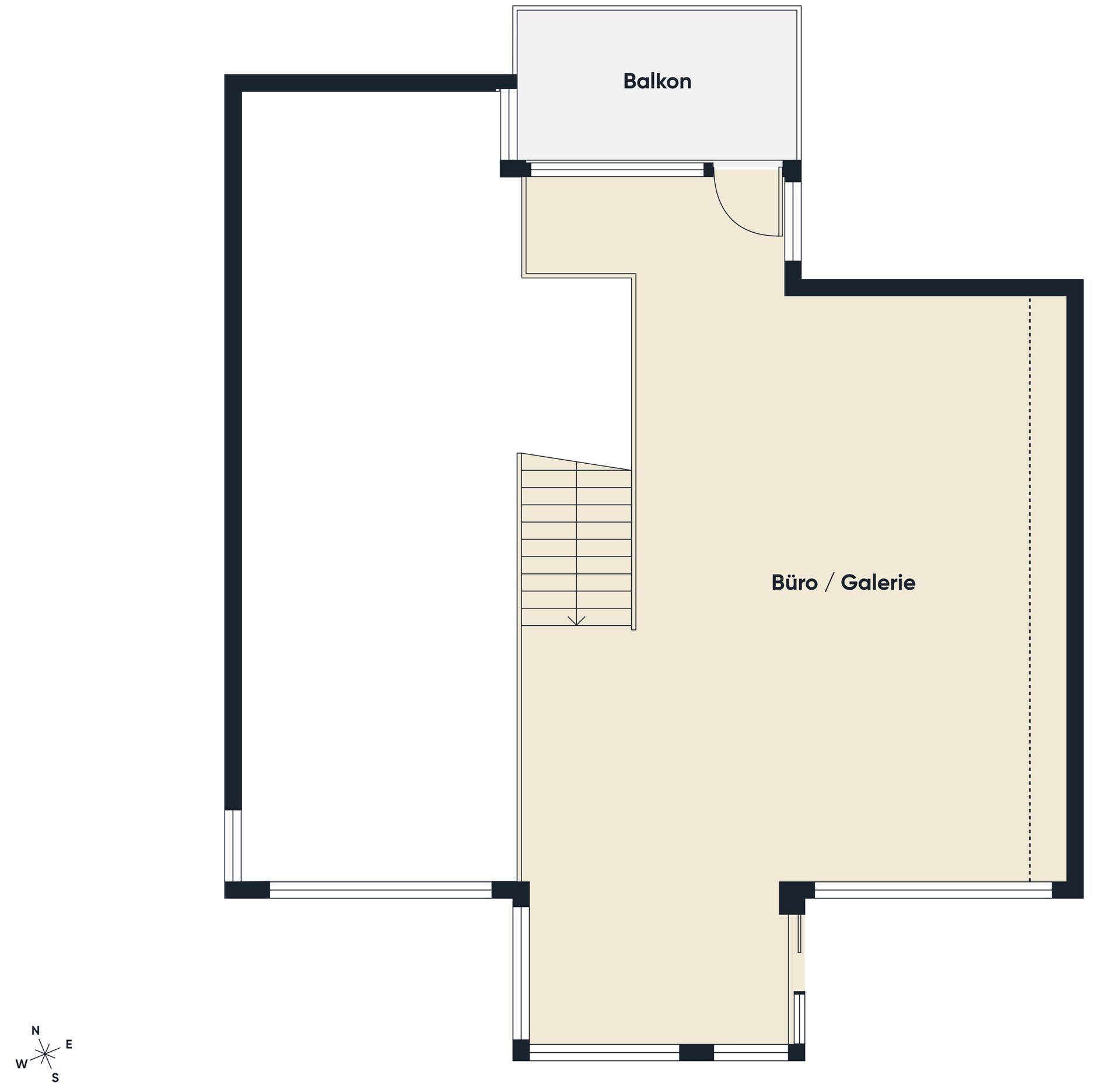 Grundriss des Dachgeschosses mit Büro oder Galerie und Zugang zu einem Balkon.