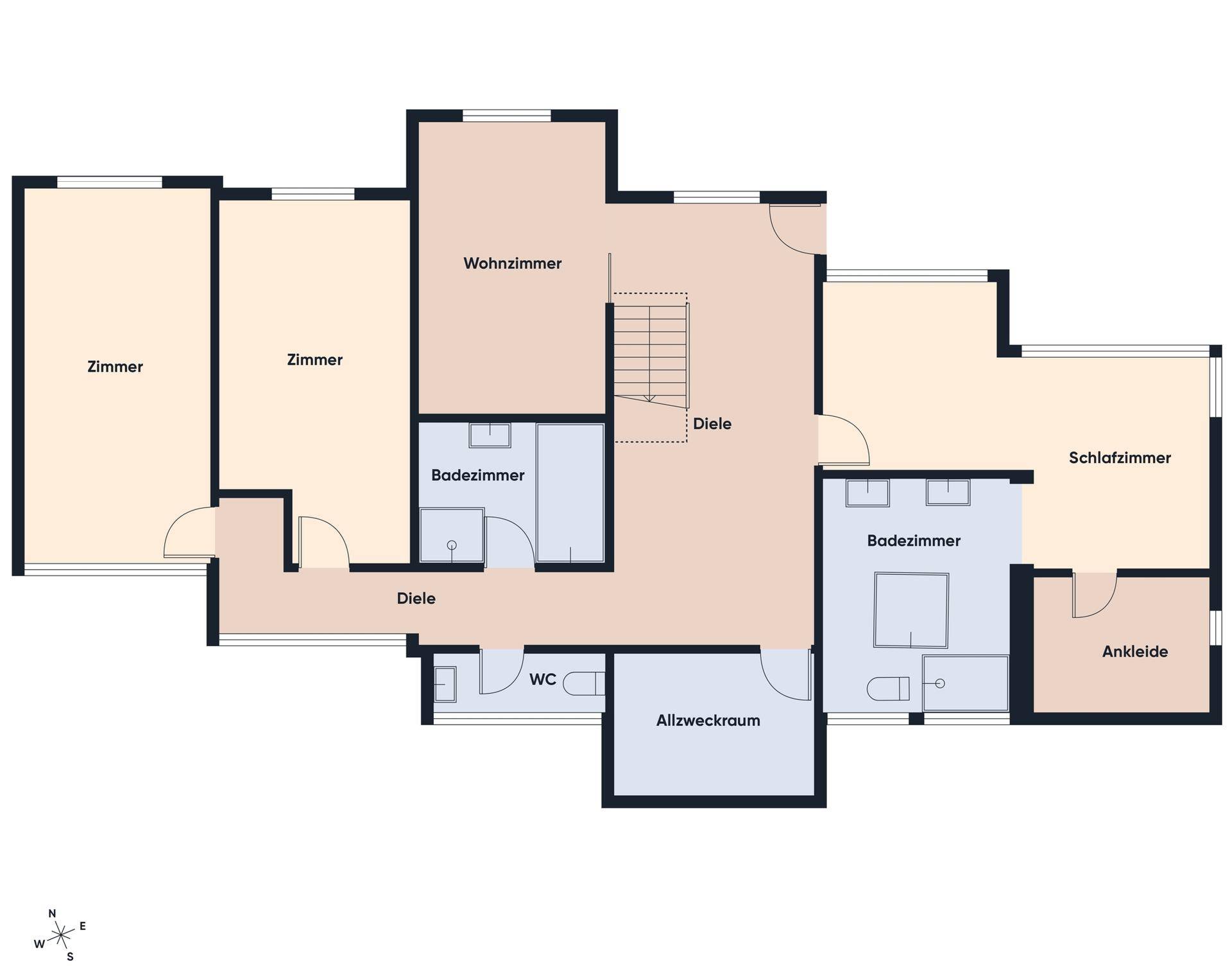 Grundriss des Obergeschosses mit Schlafzimmern, Badezimmern und einem Wohnzimmer.