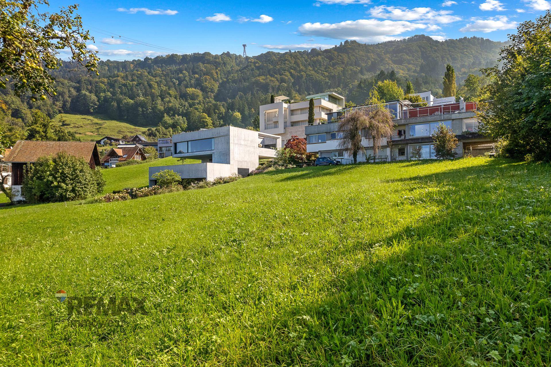 Grüne Hanglage mit modernen Gebäuden im Hintergrund und bewaldeten Bergen unter strahlendem Sonnenschein.