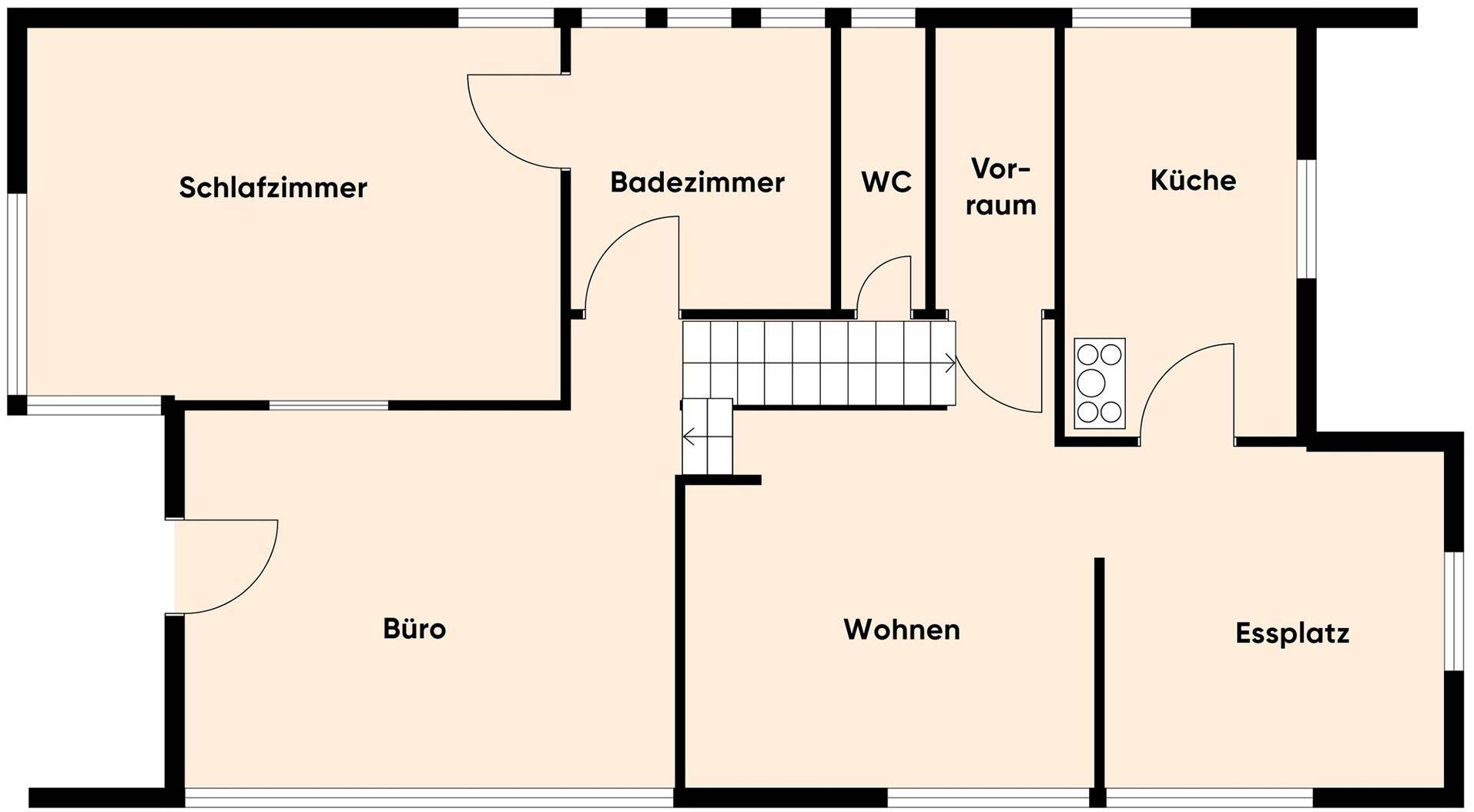 Grundriss des Erdgeschosses mit Schlafzimmer, Bad, WC, Küche, Wohnzimmer und Essplatz.