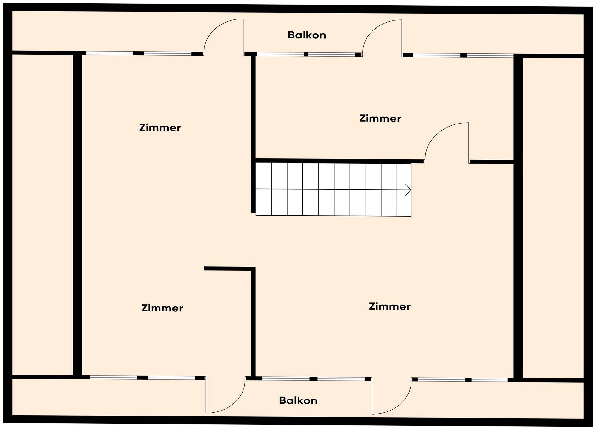 Grundriss des Obergeschosses mit mehreren Zimmern und zwei Balkonen.