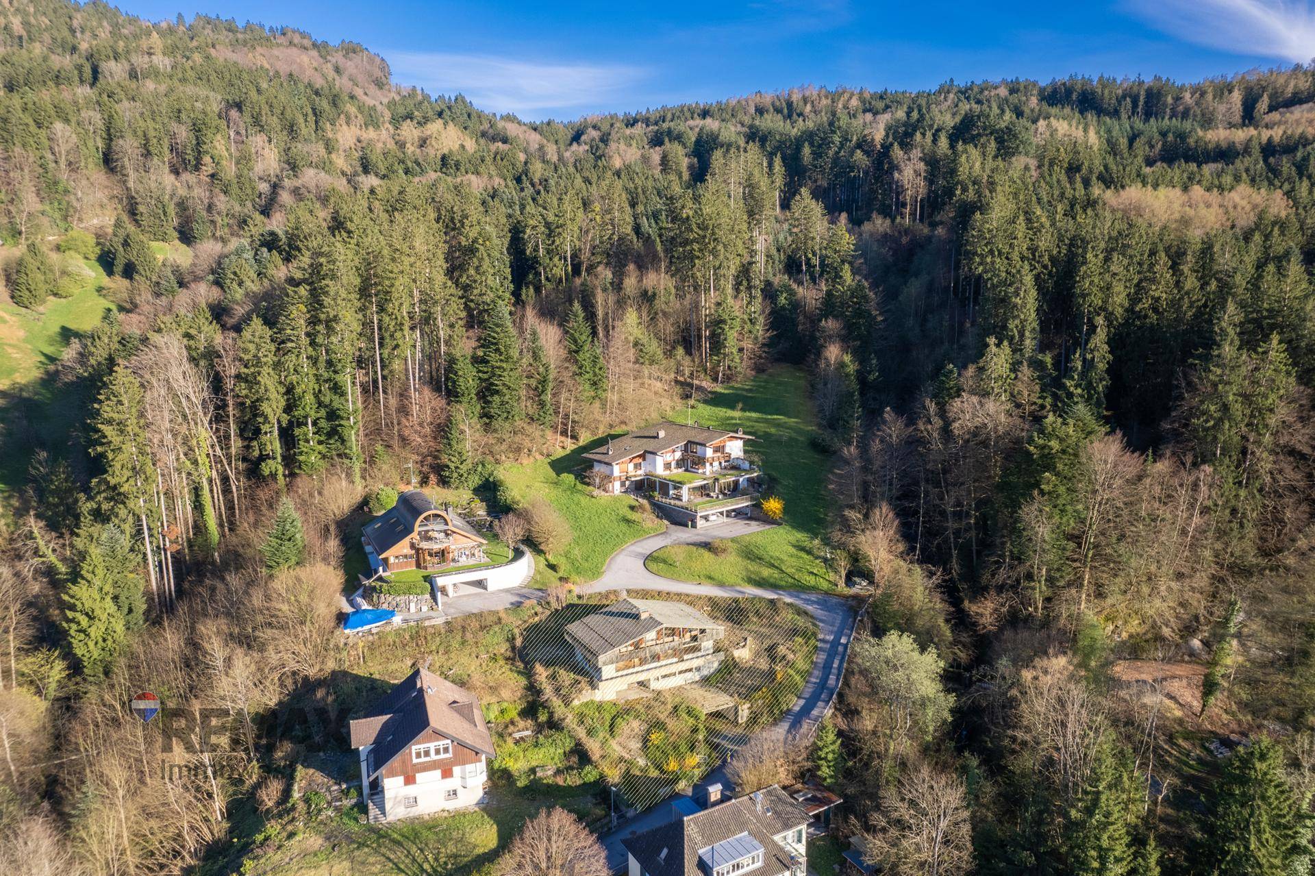 Luftaufnahme von Häusern eingebettet in eine bewaldete Hügellandschaft unter blauem Himmel.