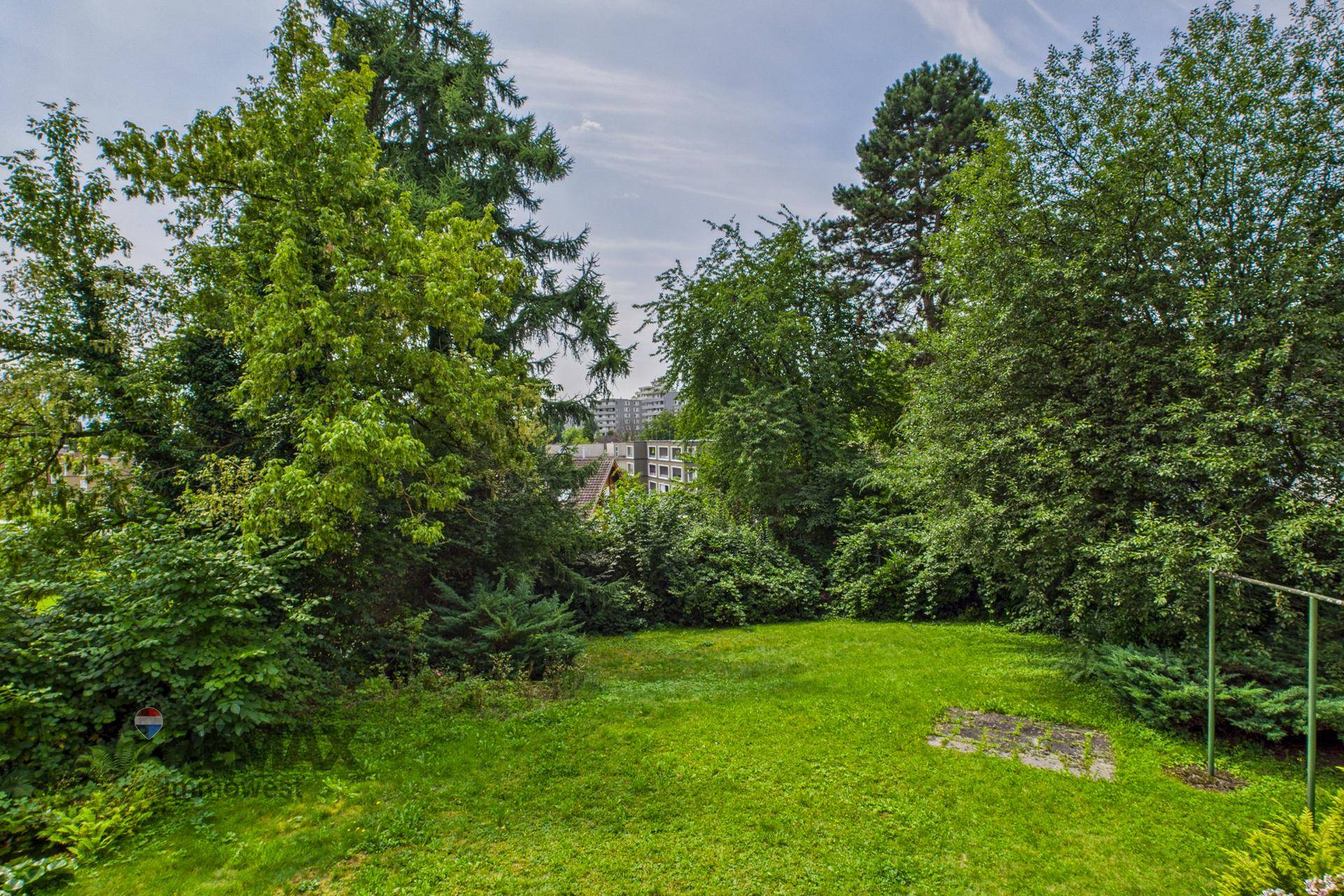 Großer, grüner Garten mit Rasenfläche und dichtem Baumbestand, bietet viel Privatsphäre.