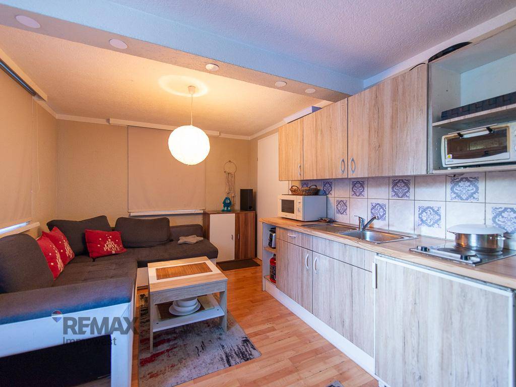 Offener Wohnbereich mit kleiner Küchenzeile, Sofa und Holzboden.