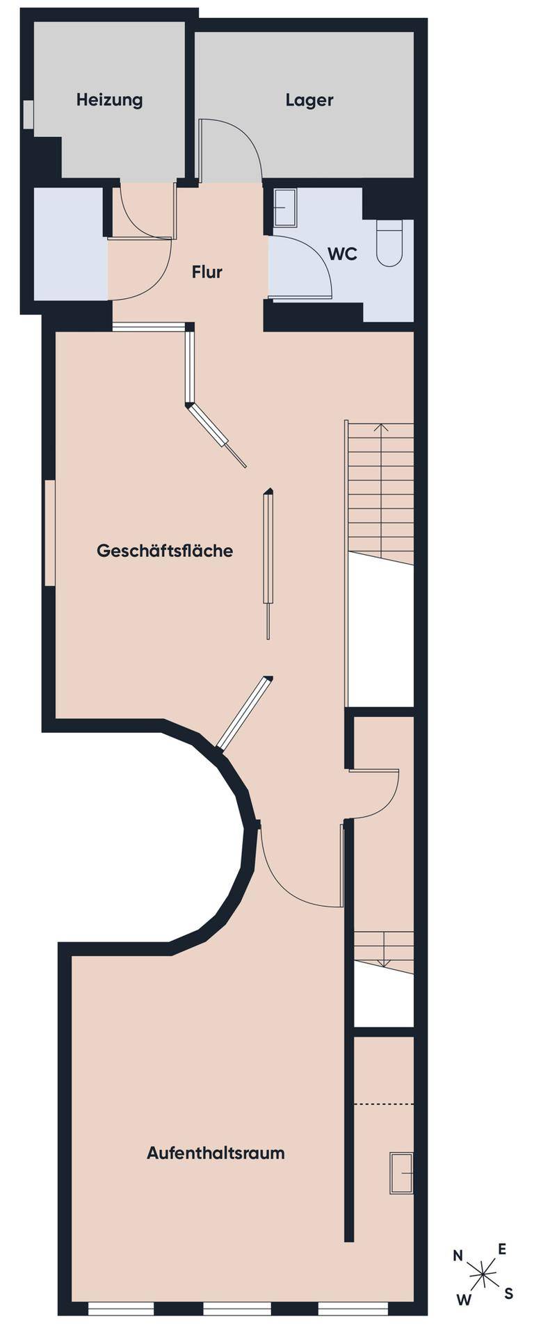 Grundriss des ersten Obergeschosses mit Geschäftsfläche, Lager und Heizungsraum.