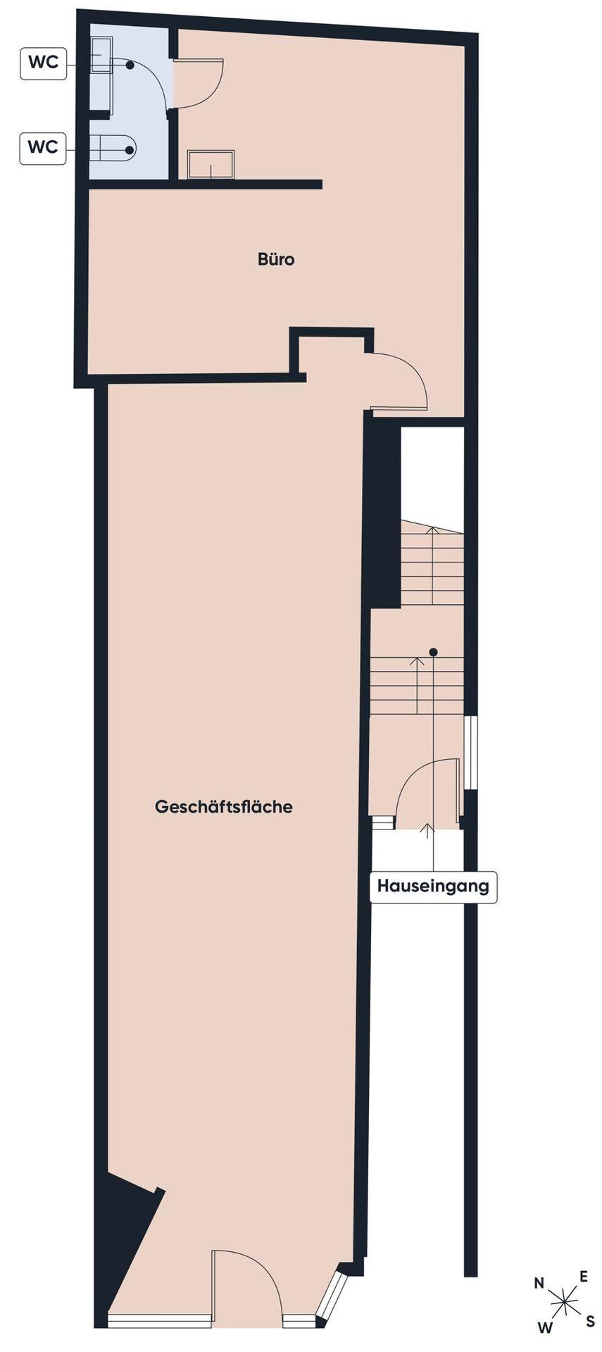 Grundriss des Erdgeschosses mit Geschäftsfläche, Büro und zwei Toiletten.