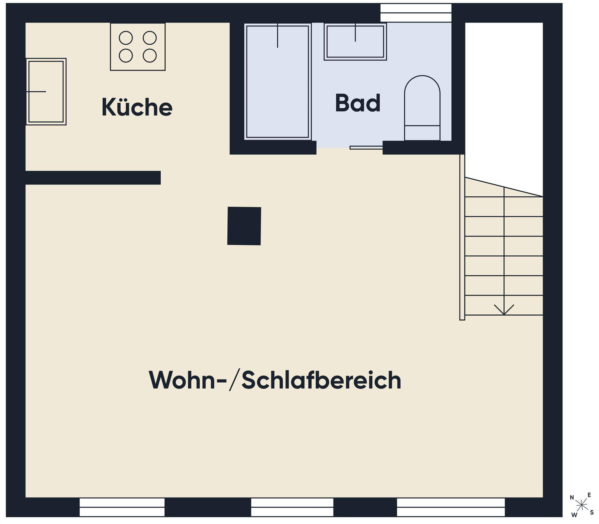 Grundriss des Dachgeschosses mit Wohn-/Schlafbereich, Küche und Bad.