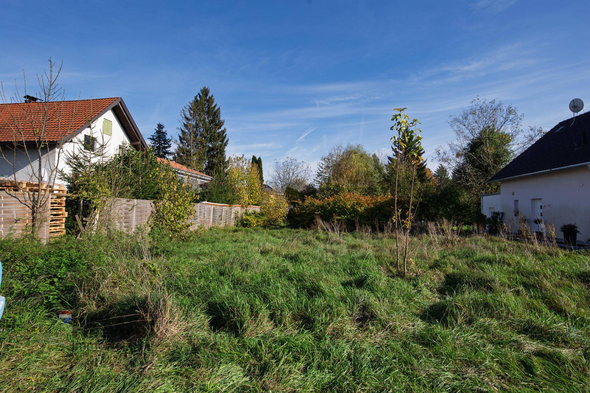 Großes, unbebautes Grundstück mit hohem Gras und umgebenden Wohnhäusern unter klarem Himmel.