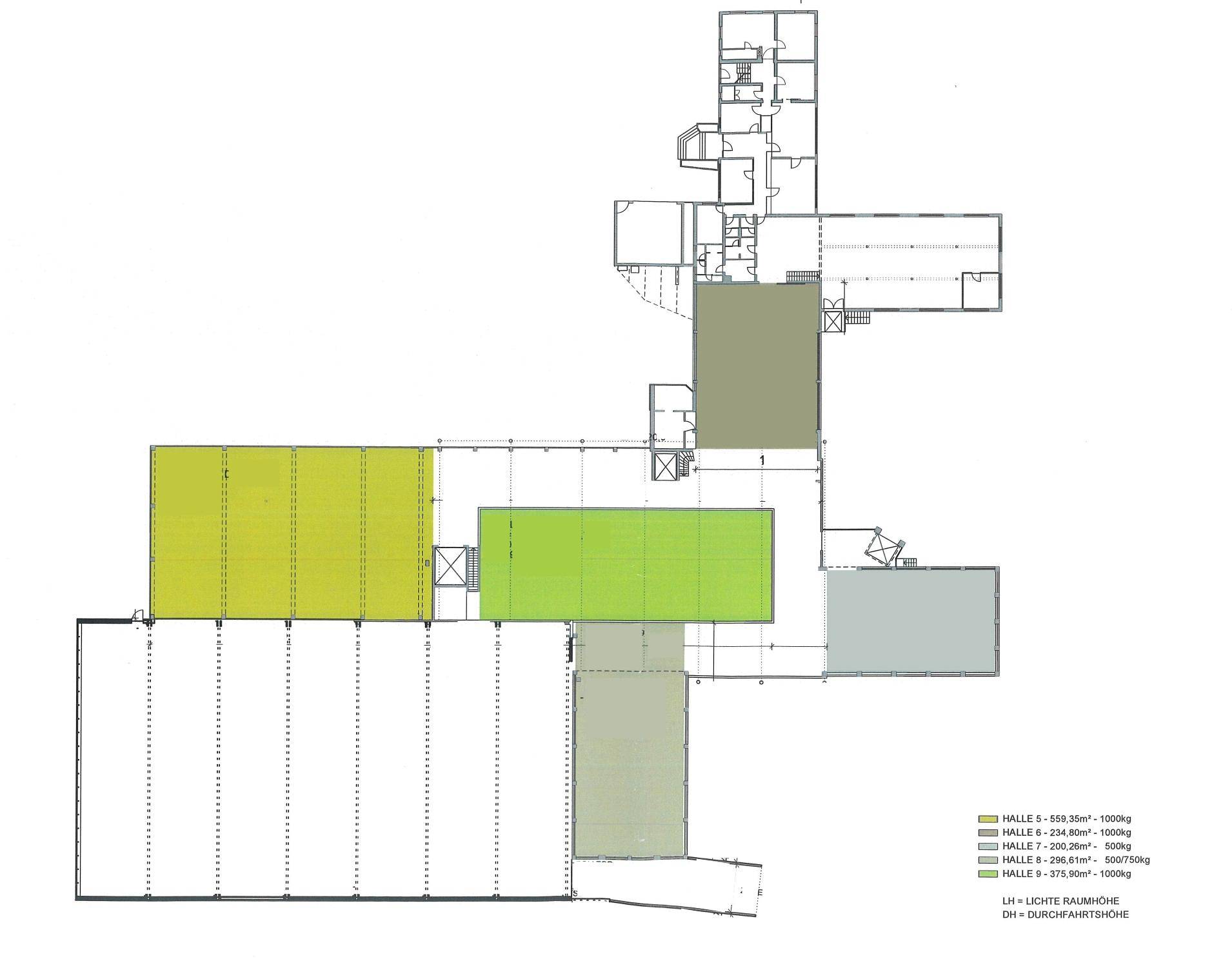 Grundrissplan des Gewerbegebäudes mit farblich markierten Hallenbereichen und Flächenangaben.