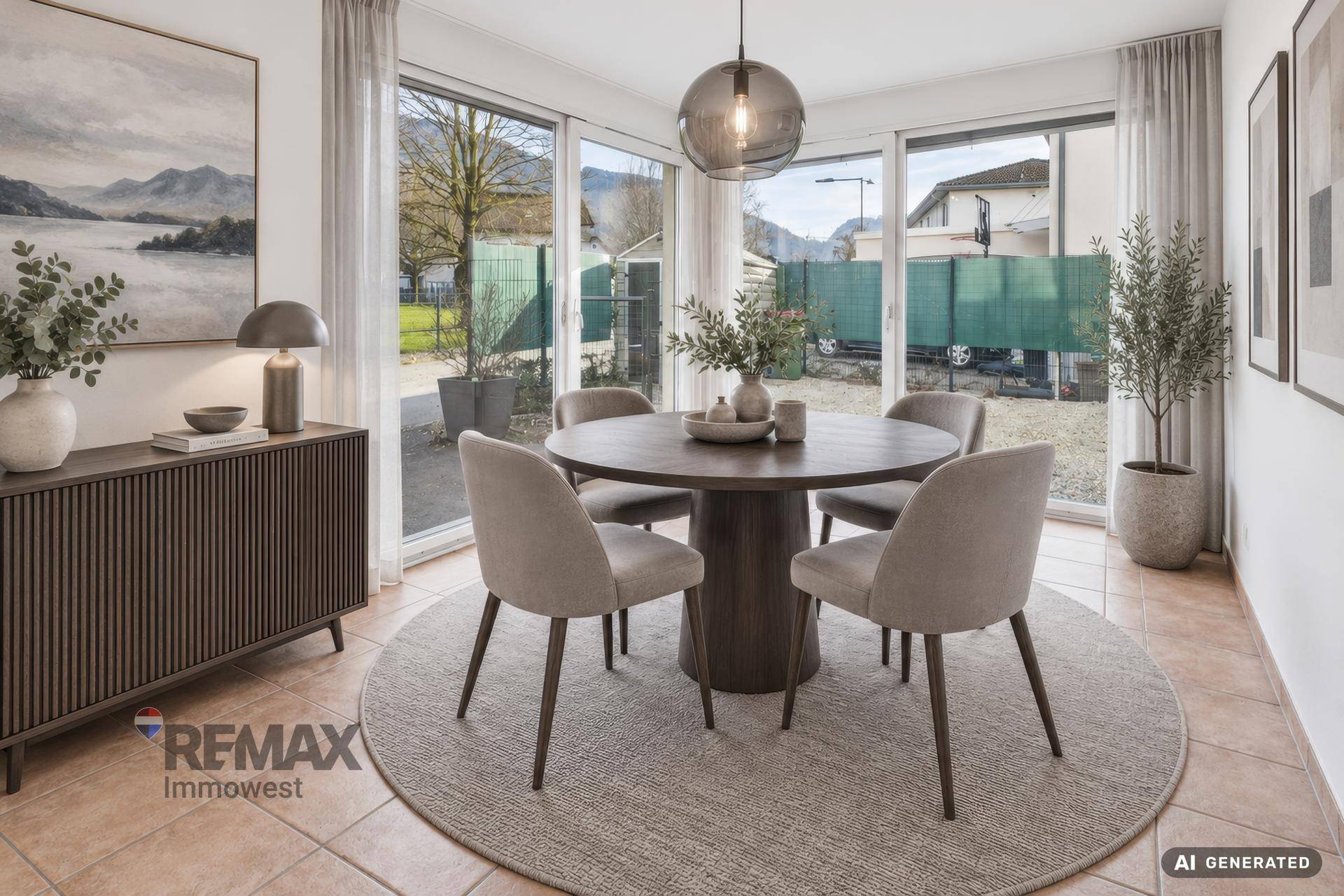 Virtuell inszenierter Essbereich mit rundem Tisch, großen Fenstern und Zugang zum Garten.