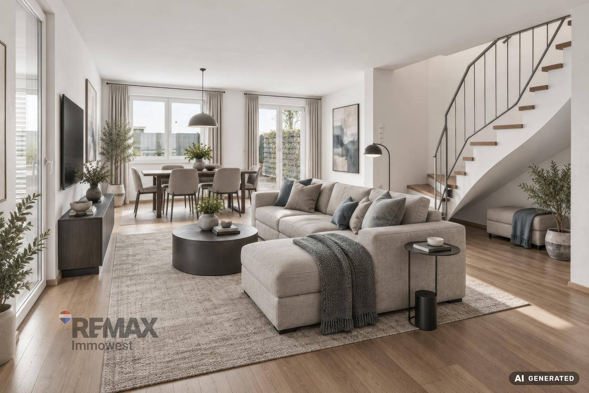 Modern inszenierter Wohn-Essbereich mit beigem Sofa, Esstisch und Treppe zum Obergeschoss.