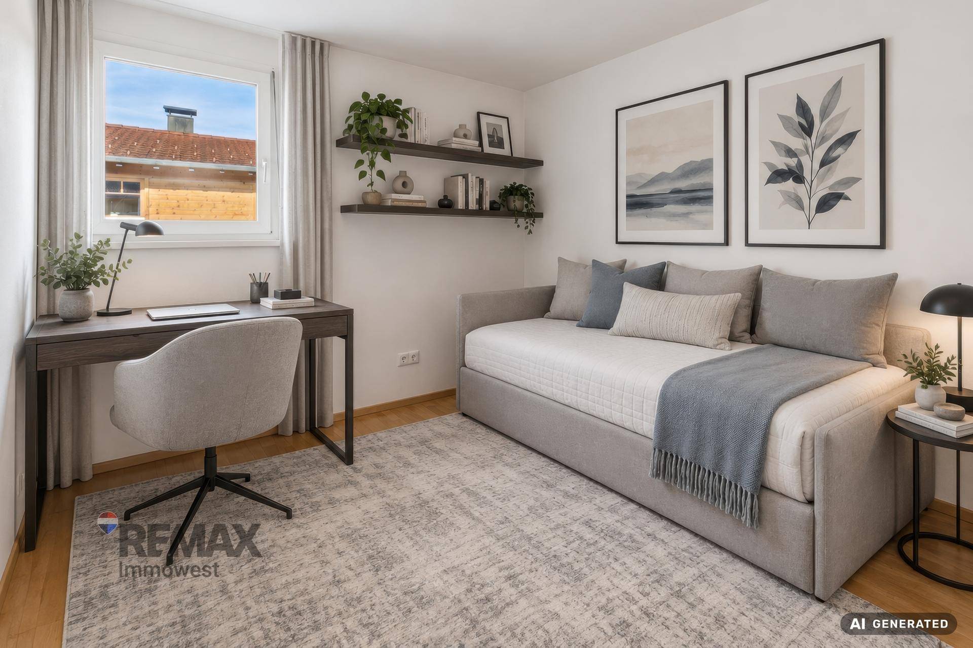 Virtuell inszeniertes Arbeitszimmer mit Schreibtisch, Tagesbett und Blick ins Grüne.