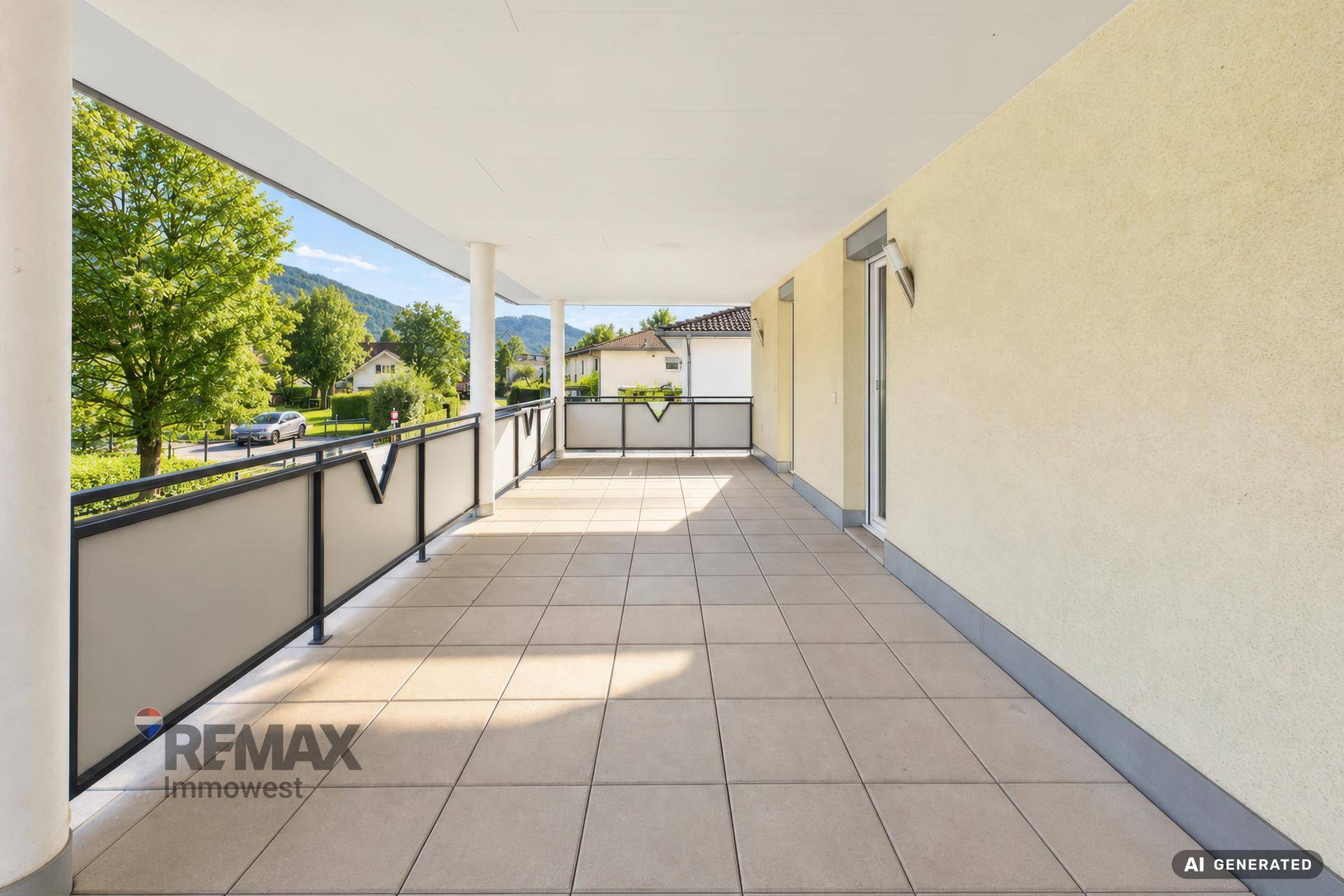 Langer, sonniger Balkon mit Fliesenboden und Blick auf die grüne Umgebung.