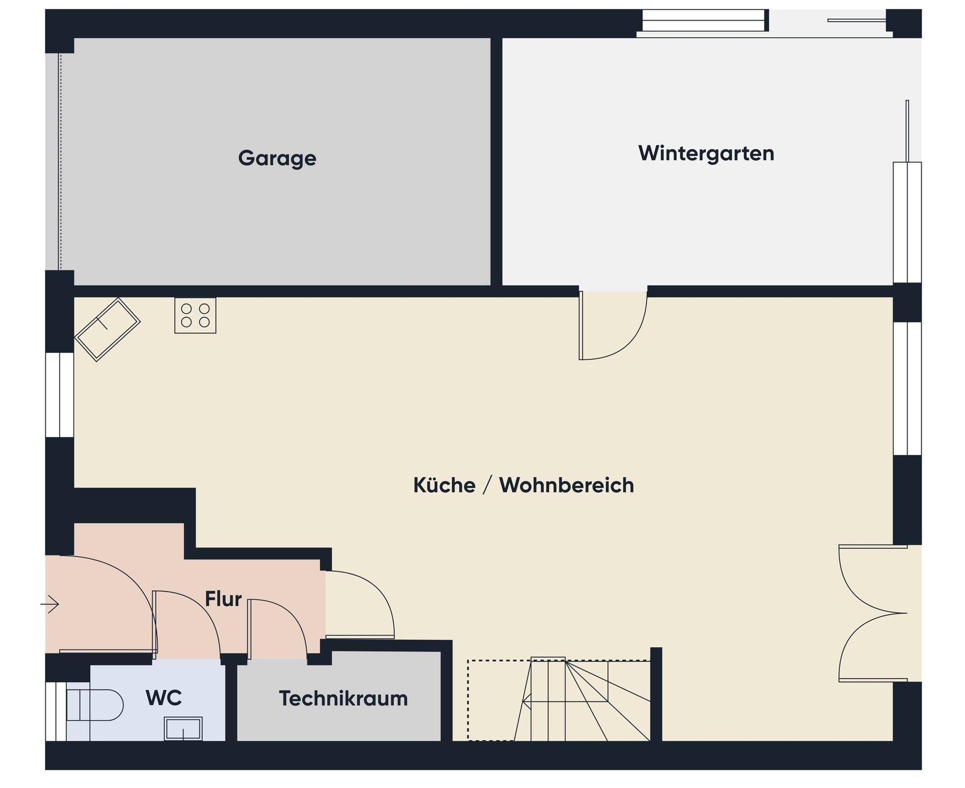Grundriss des Erdgeschosses mit integrierter Garage, Wintergarten und offenem Wohn- und Kochbereich.