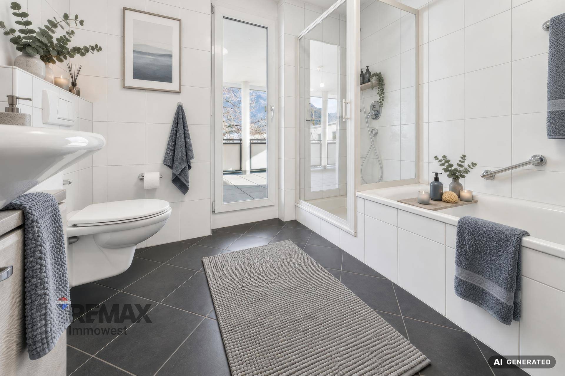 Virtuell inszeniertes Badezimmer mit Badewanne, Dusche, Toilette und modernem Design.