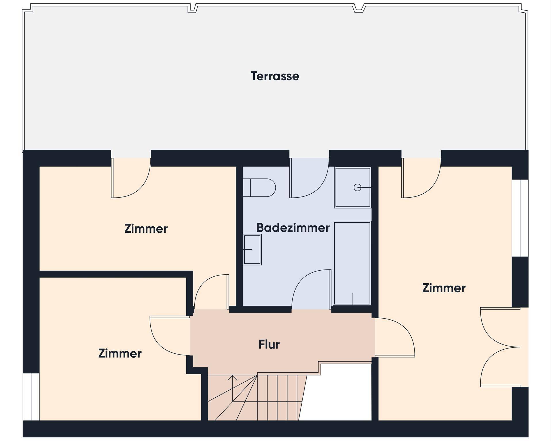 Grundriss des Obergeschosses mit drei Zimmern, einem Badezimmer und einer großen Außenterrasse.