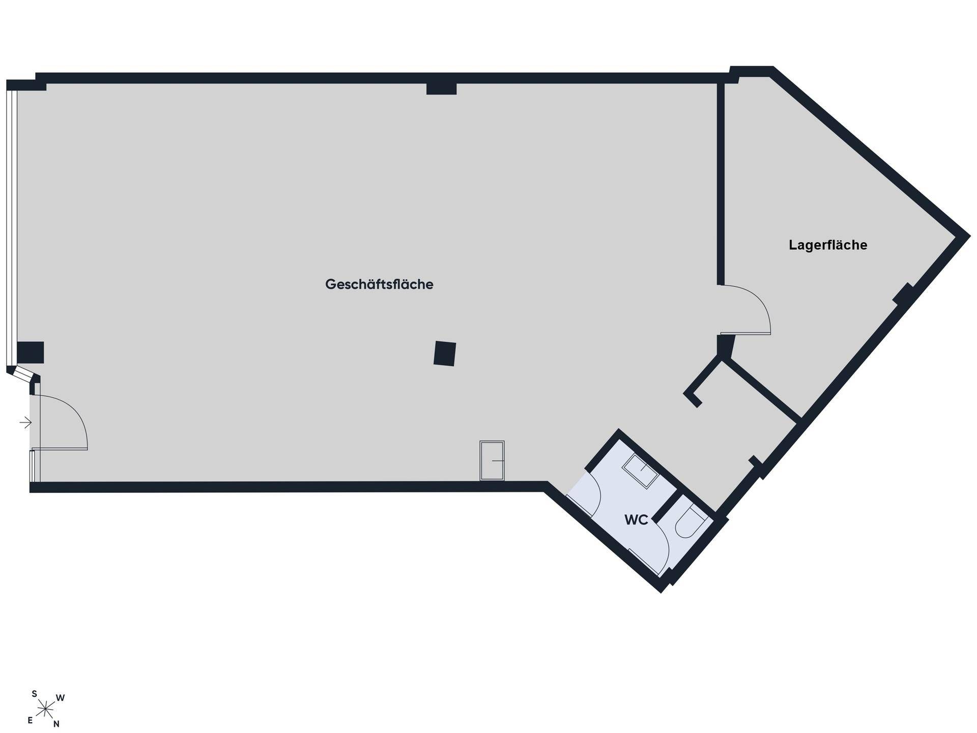 Grundriss der Geschäftsfläche mit separatem Lagerbereich und einer Toilette.