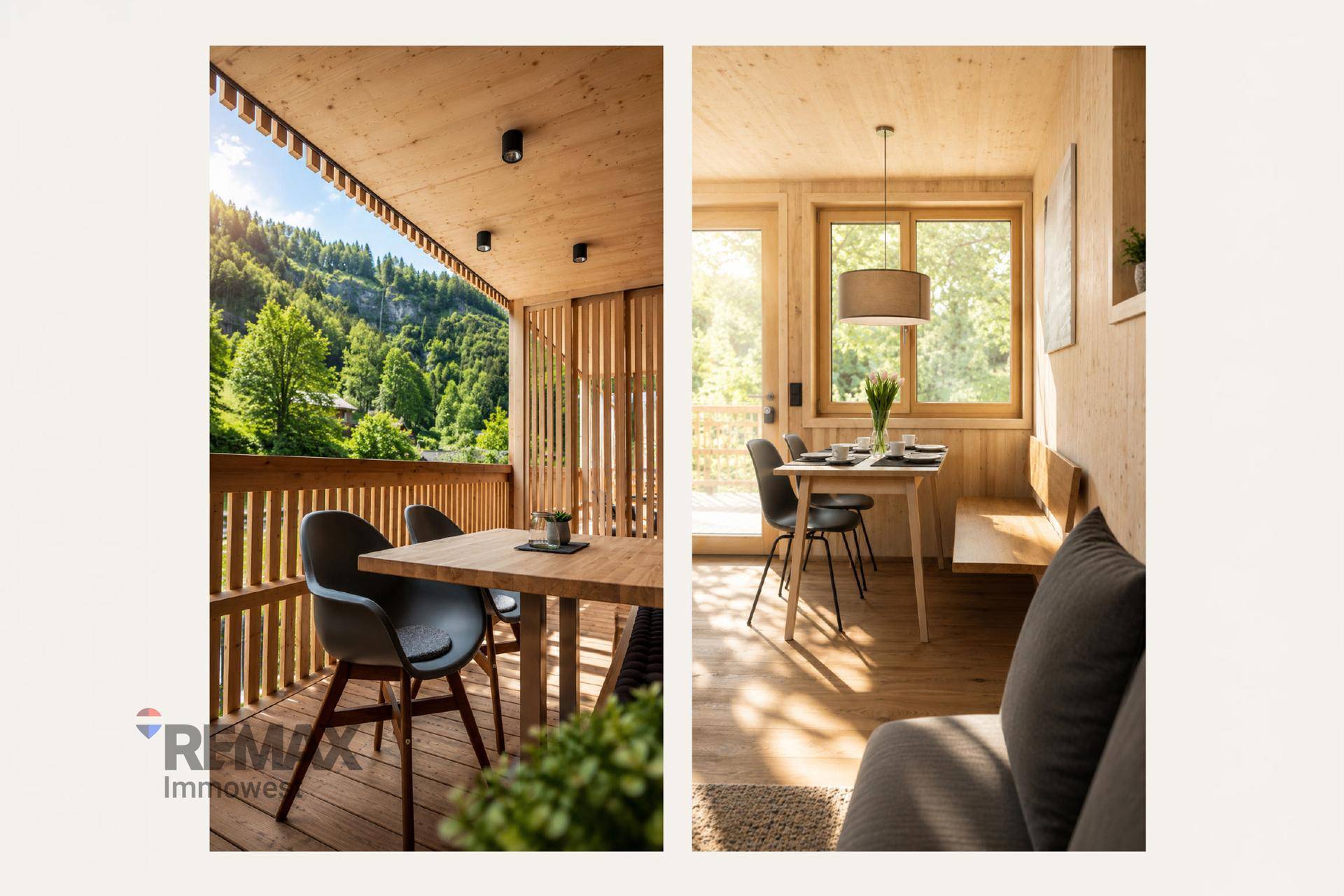 Collage aus einem Essbereich mit Holzelementen und einem Balkon mit Bergblick.