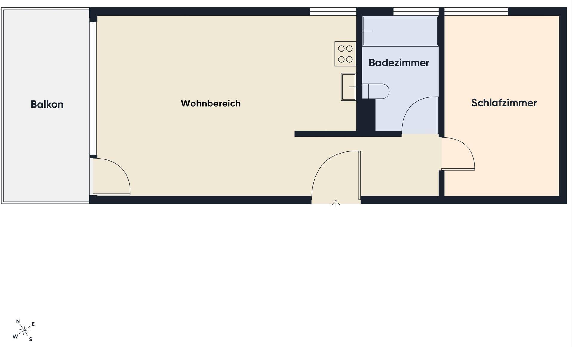 Grundriss einer Wohnung mit Wohnbereich, Schlafzimmer, Badezimmer und Balkon.