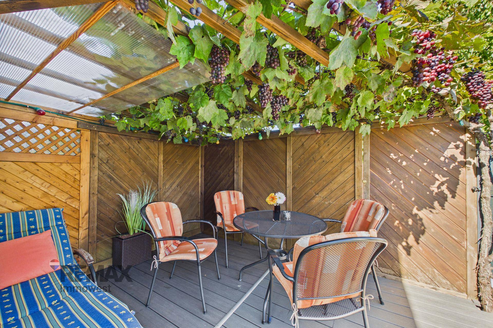 Überdachter Terrassenbereich mit Holzwänden, Sitzgelegenheiten und Weinreben, ideal zum Entspannen.