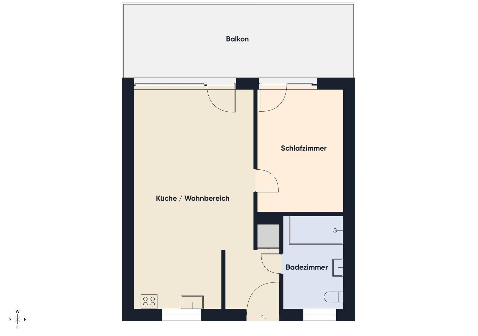 Grundriss einer Wohnung mit offenem Wohn-/Küchenbereich, Schlafzimmer, Badezimmer und Balkon.