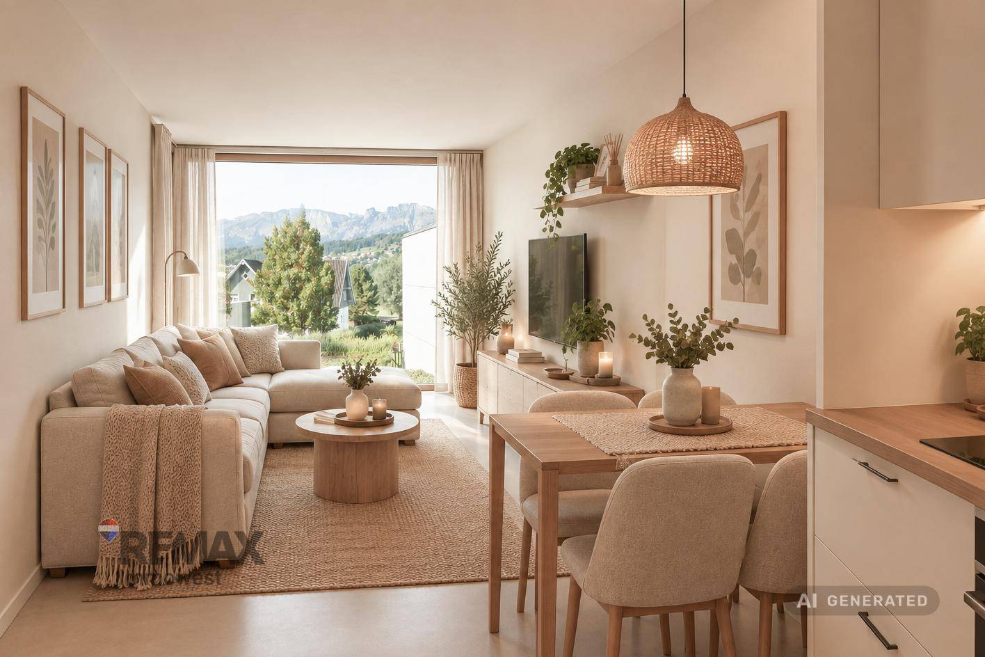 Moderner Wohn-Essbereich mit gemütlichem Sofa, Esstisch und Blick auf die umliegende Landschaft.