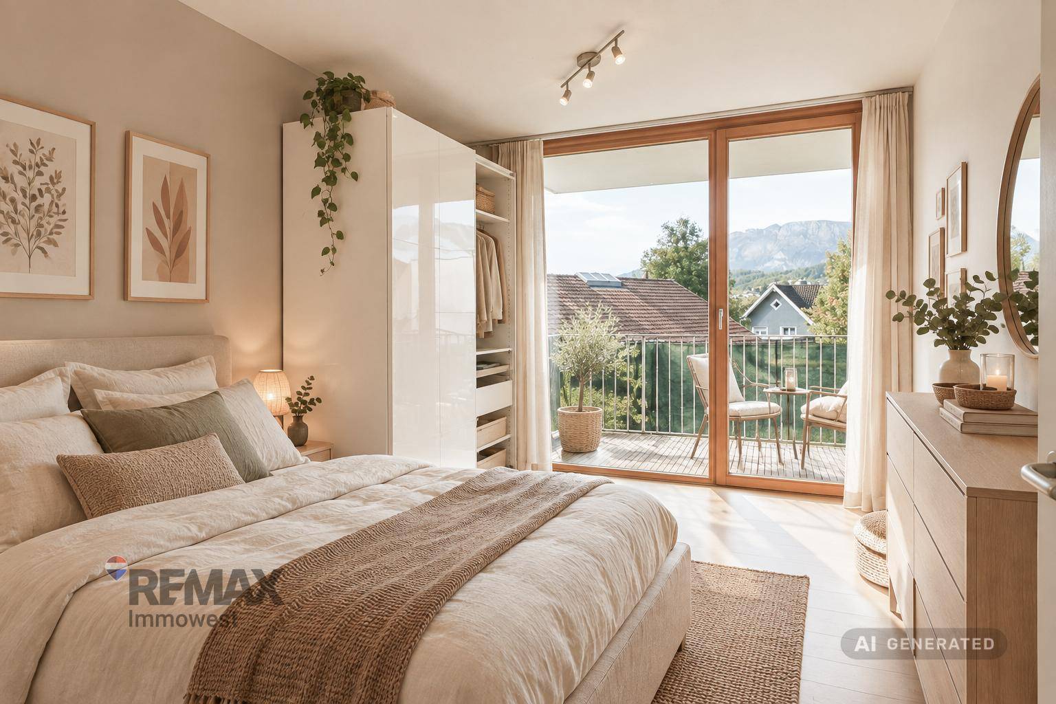 Modernes Schlafzimmer mit großem Bett, weißem Kleiderschrank und Balkonzugang mit Bergblick.