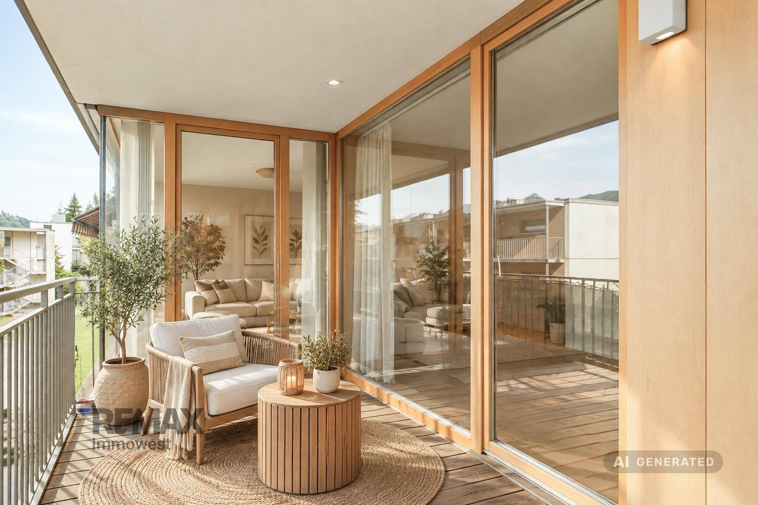 Gemütlicher Balkon mit Holzboden, Sitzgelegenheiten und weitem Blick auf die Berge.