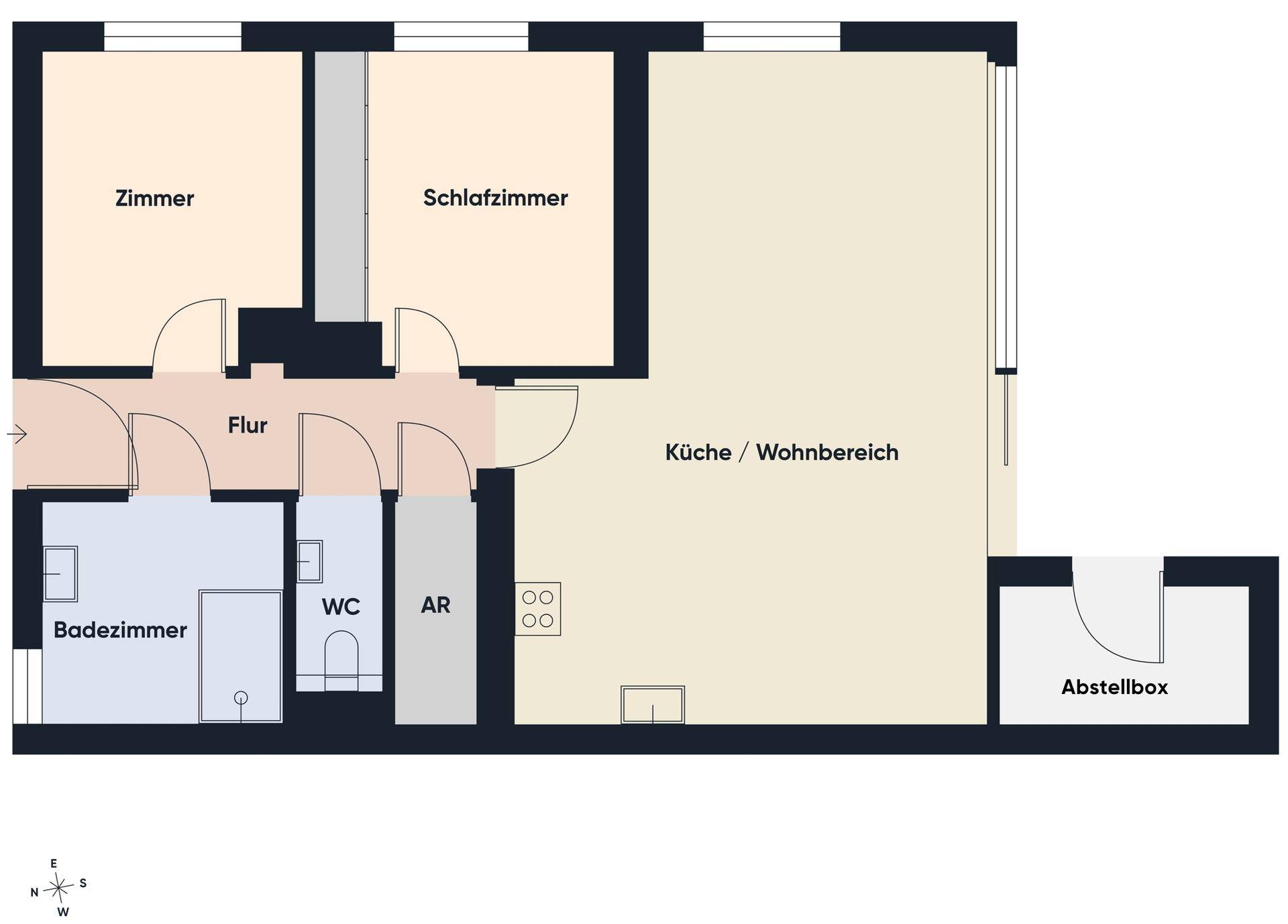 Grundriss der Wohnung mit Zimmern, Bad, WC und offener Küche/Wohnbereich.